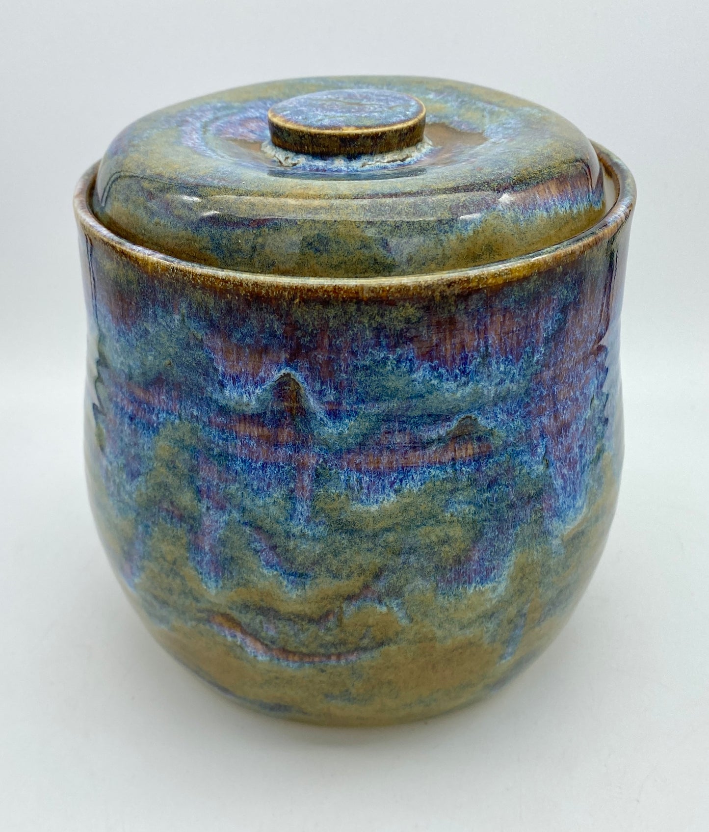 SECOND Lidded pot in 'heathery moors' glazes