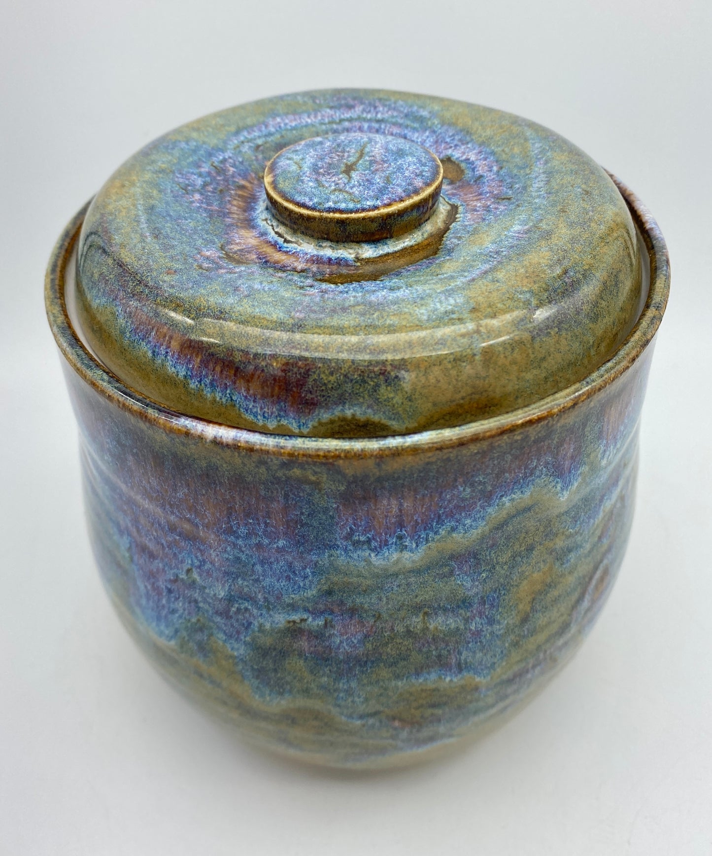 SECOND Lidded pot in 'heathery moors' glazes