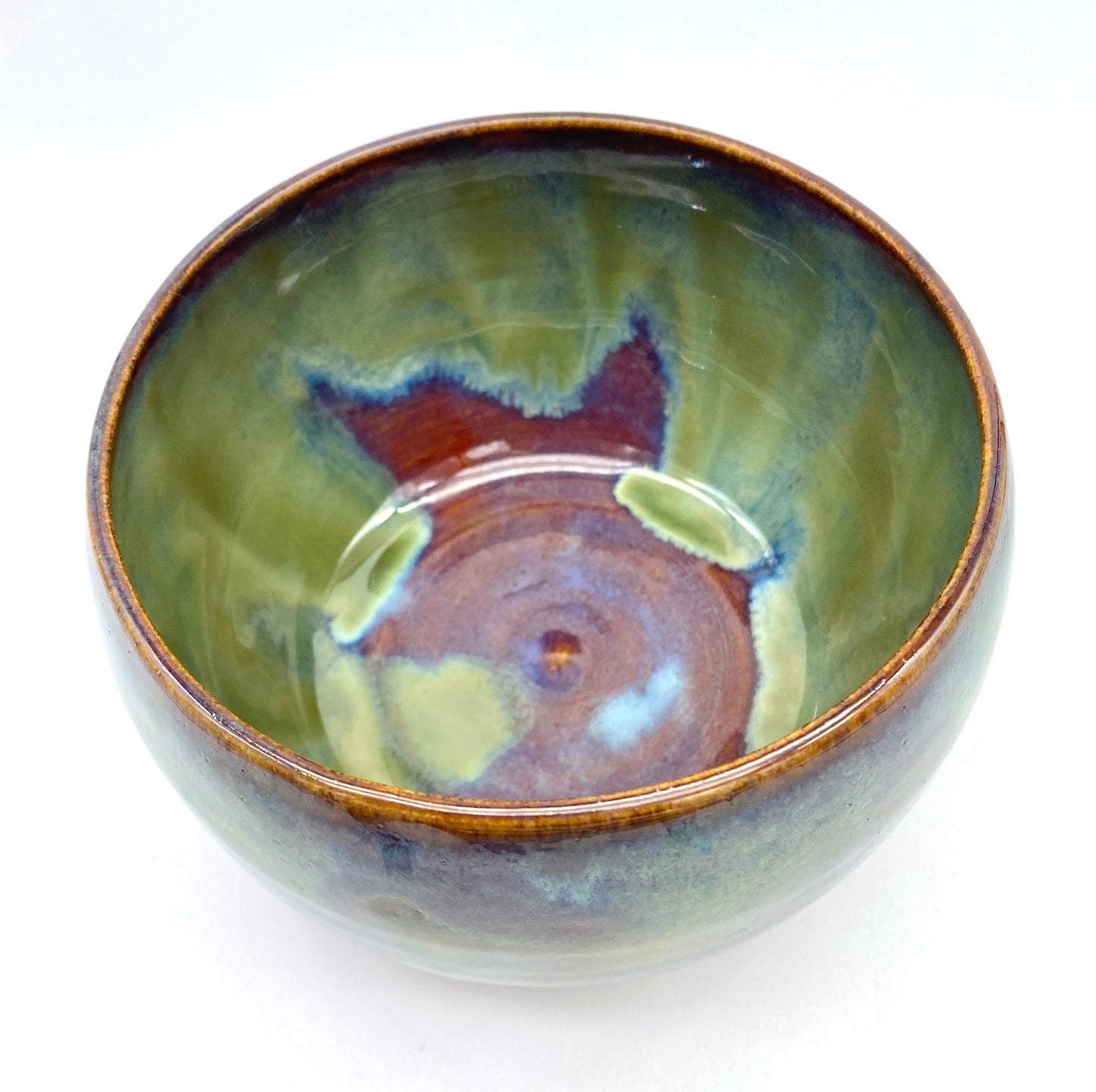 SECOND Small bowl in rich red with overlaid greens and blues