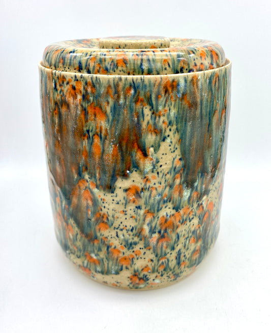 SECOND Large lidded pot in speckled oranges