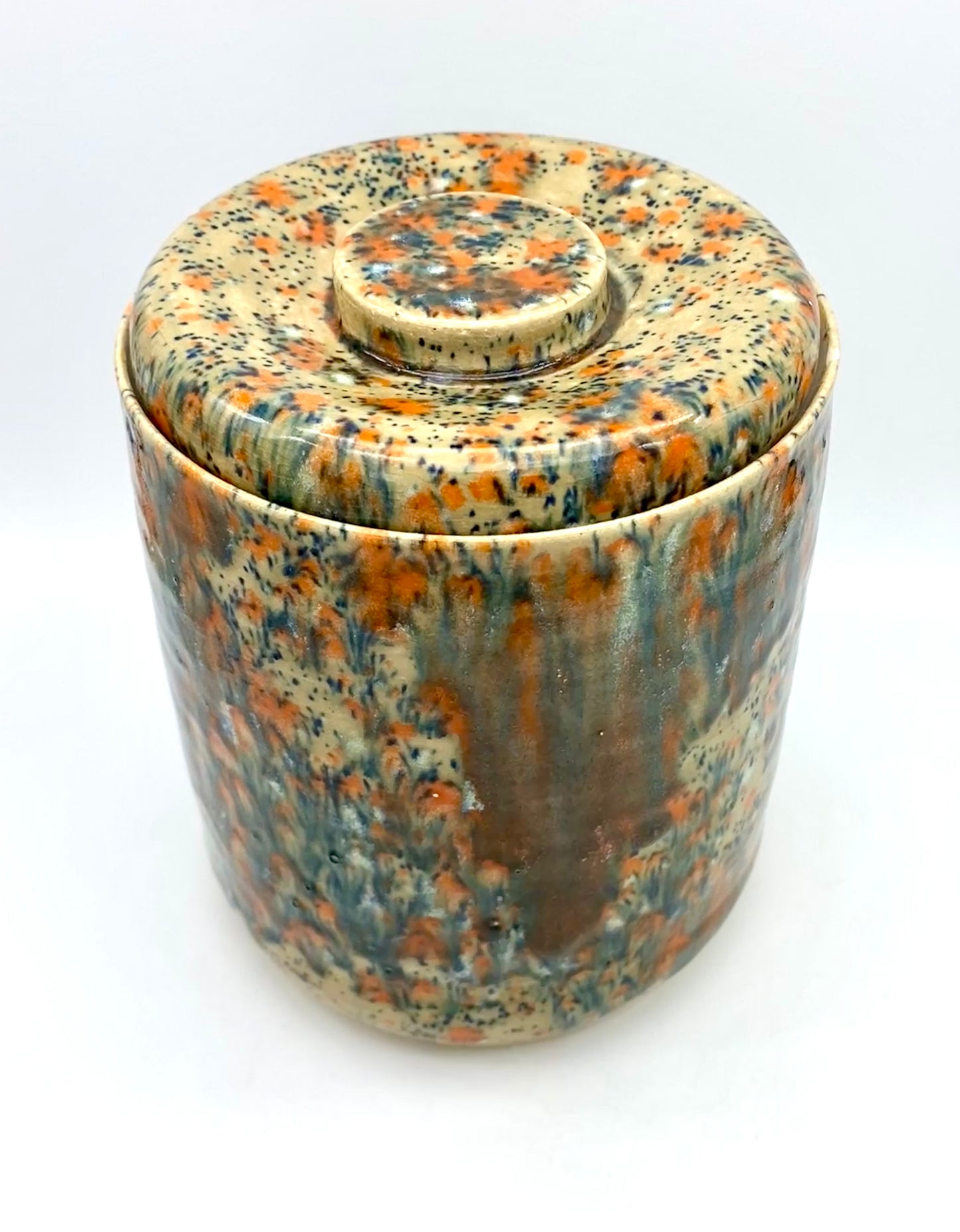 SECOND Large lidded pot in speckled oranges