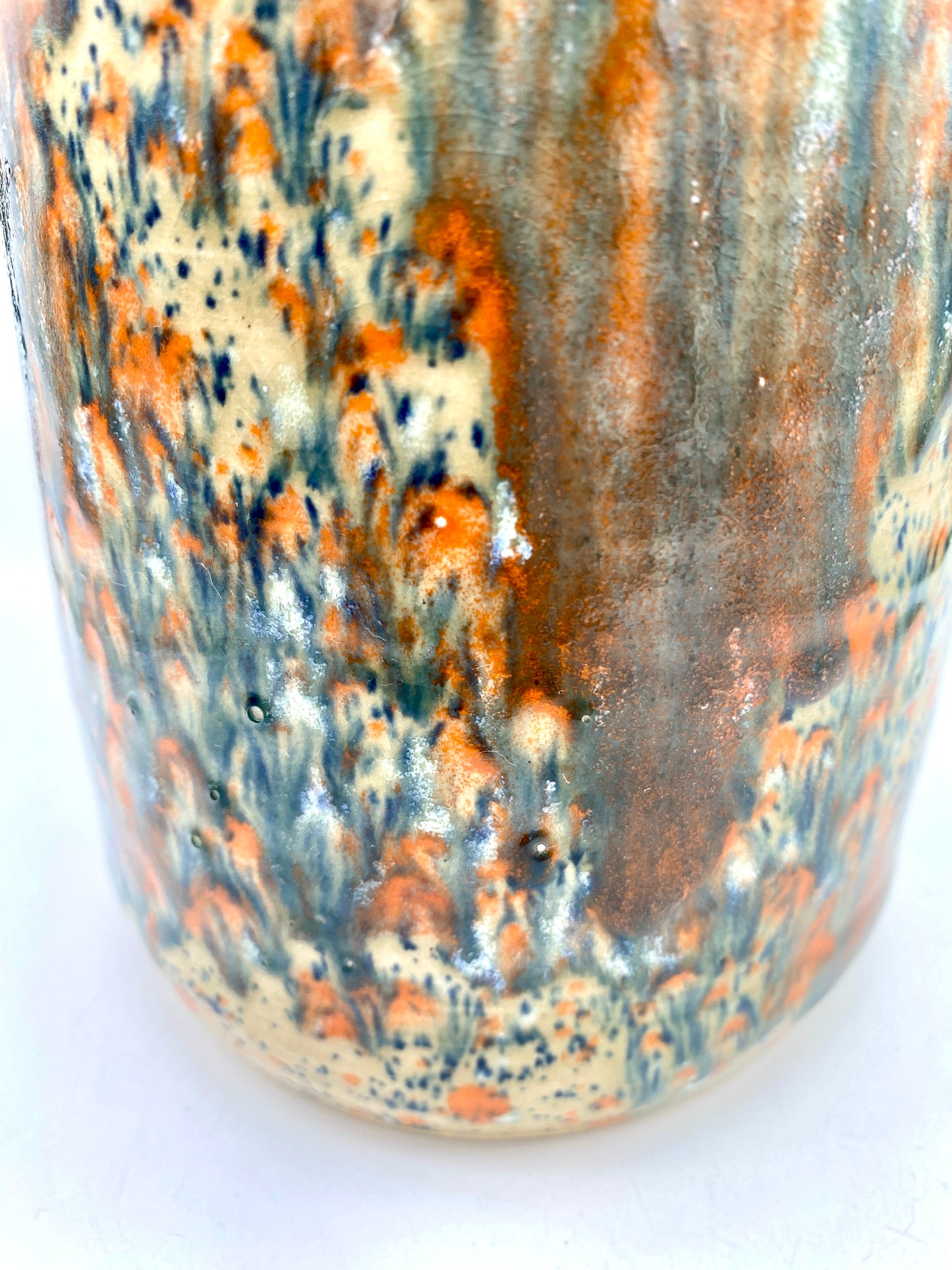 SECOND Large lidded pot in speckled oranges