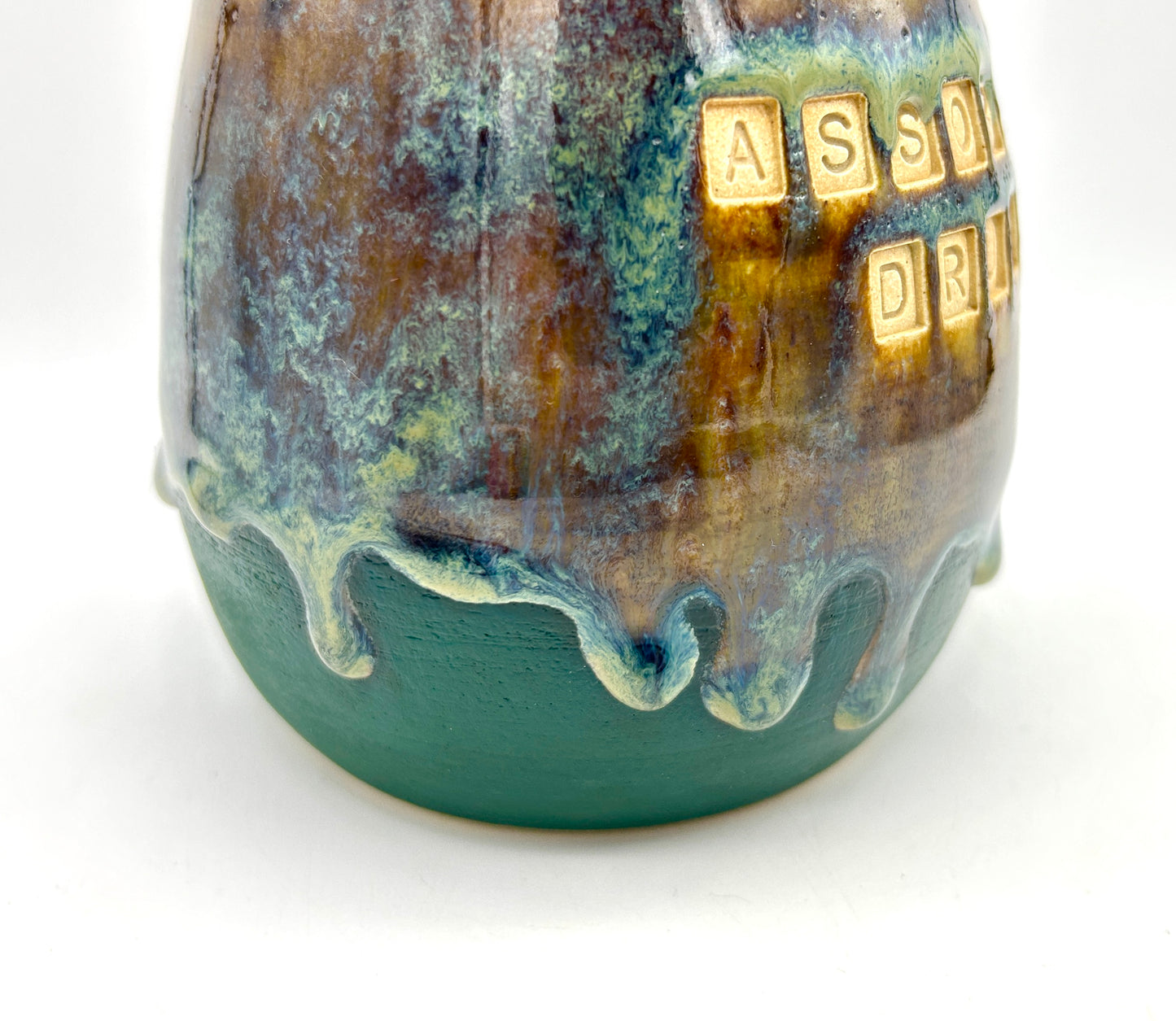 Wonderful 'assorted drugs' lidded jar in flowing greens