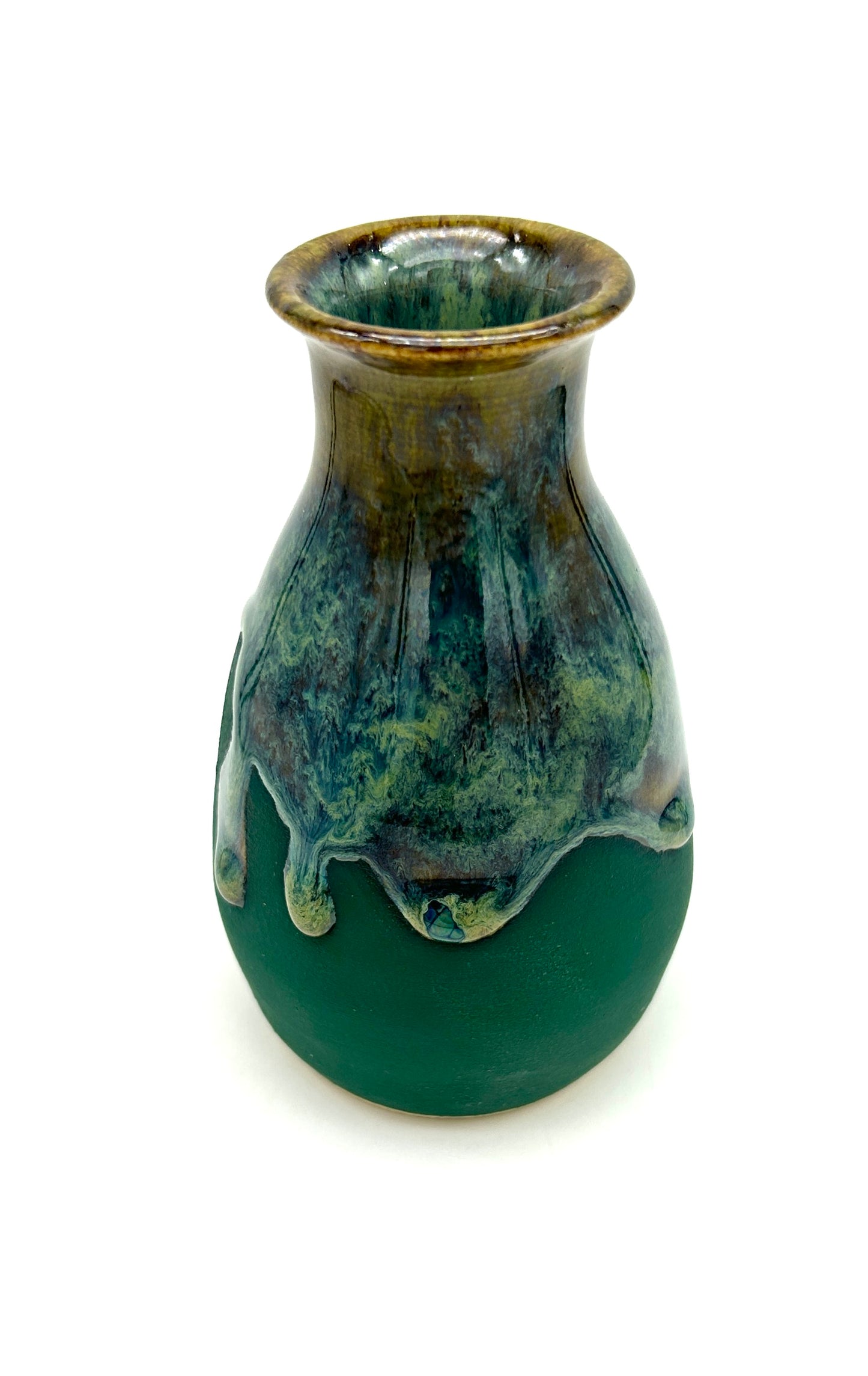 'Refugees welcome' vase in rich green flowing glazes