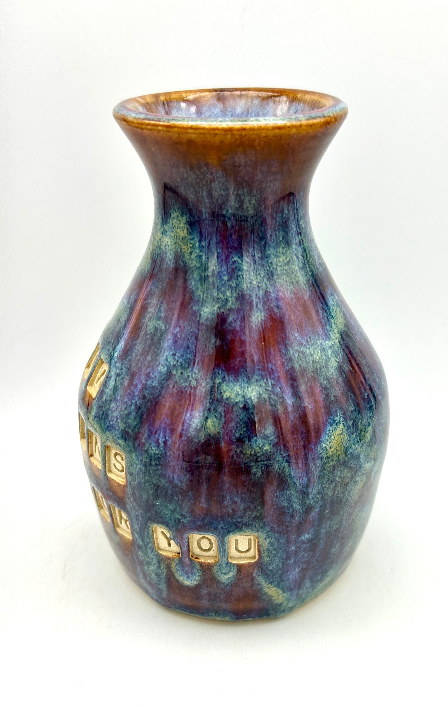 'I know the plans I have for you' Bible verse vase in 'heathery moors' glazes