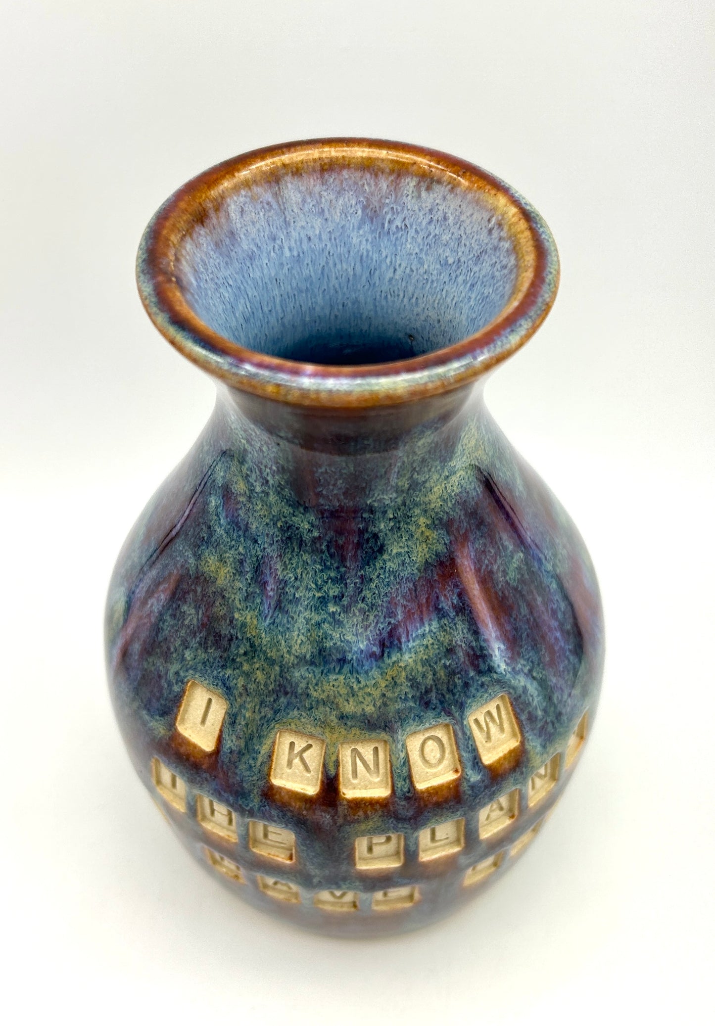 'I know the plans I have for you' Bible verse vase in 'heathery moors' glazes