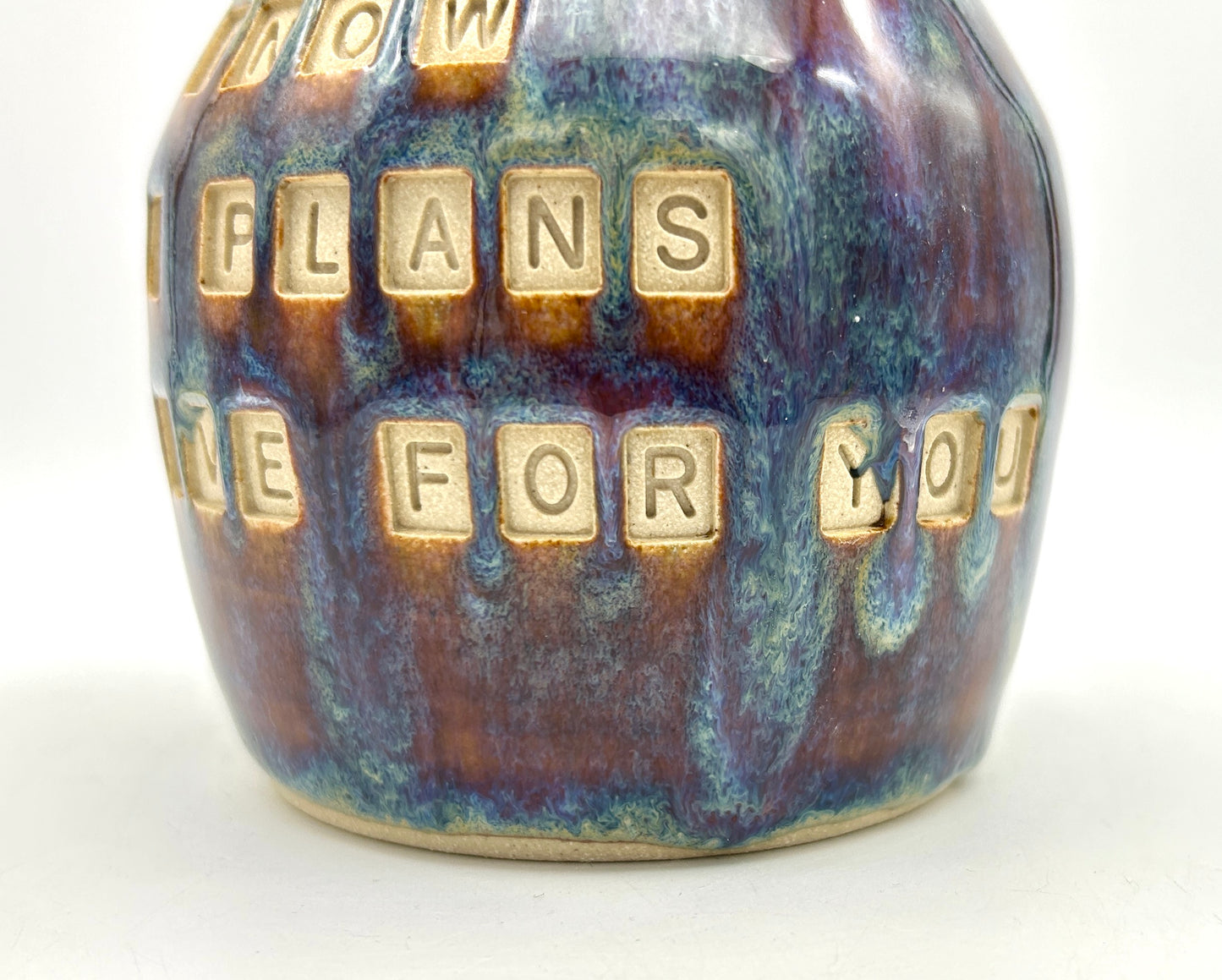 'I know the plans I have for you' Bible verse vase in 'heathery moors' glazes