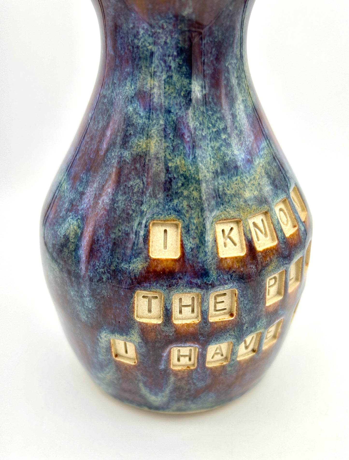 'I know the plans I have for you' Bible verse vase in 'heathery moors' glazes