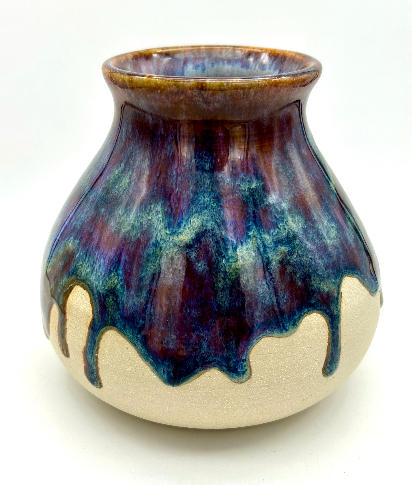 'Not all those who wander are lost' plump vase in 'heathery moors' glazes