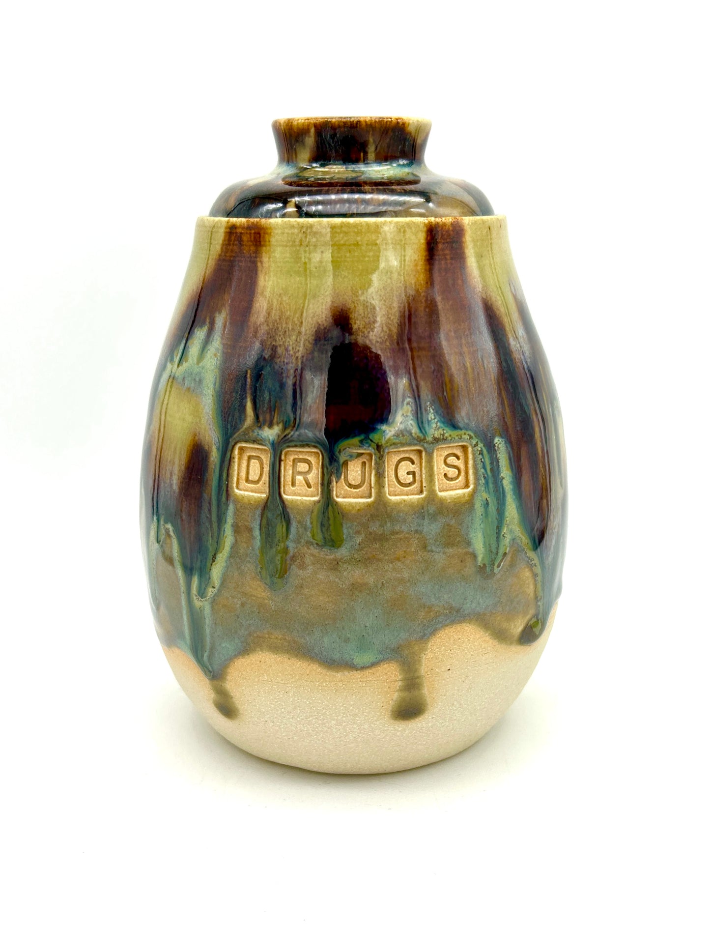 'Drugs' lidded pot in flowing 'aqua falls' glazes