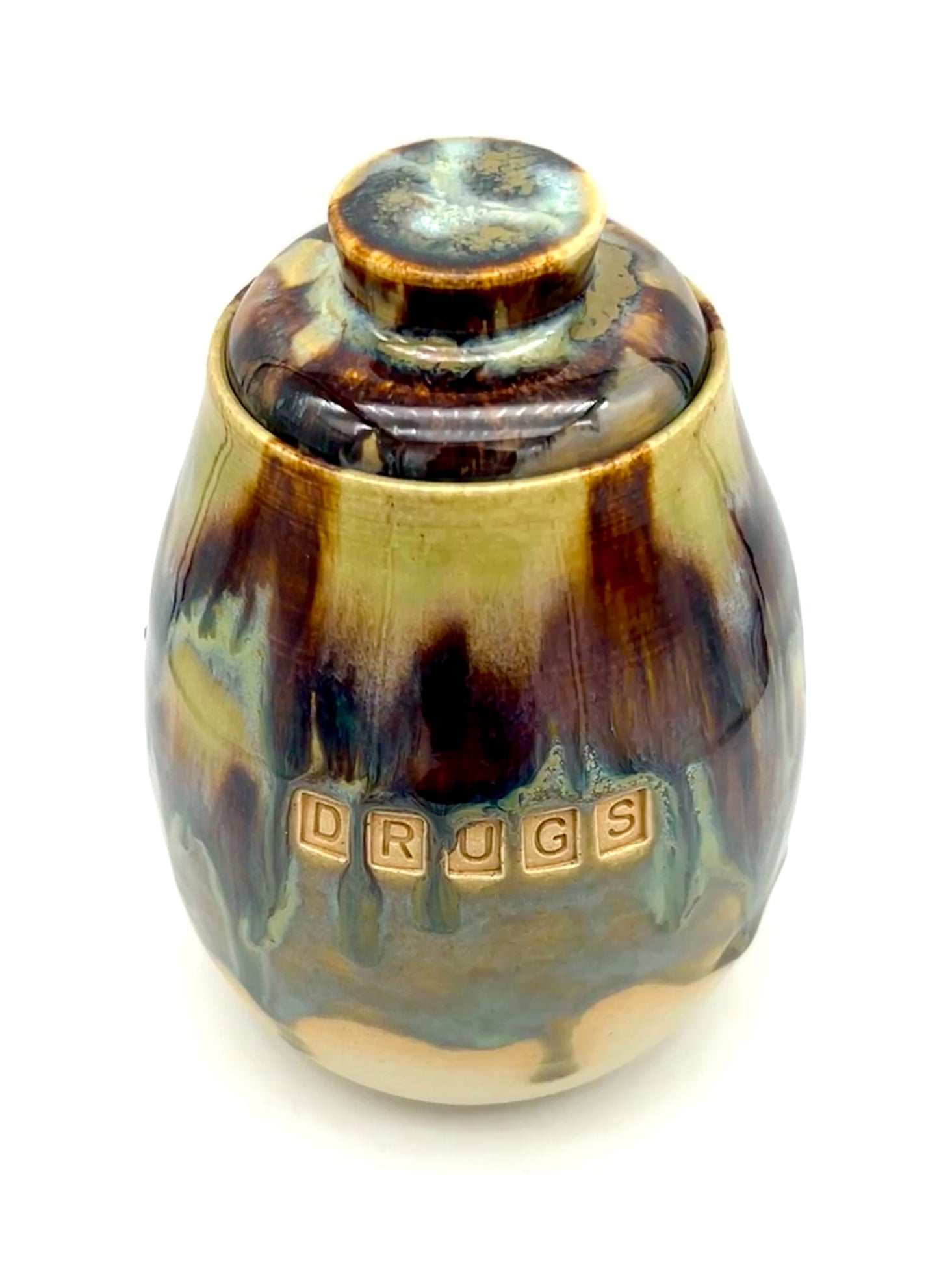 'Drugs' lidded pot in flowing 'aqua falls' glazes