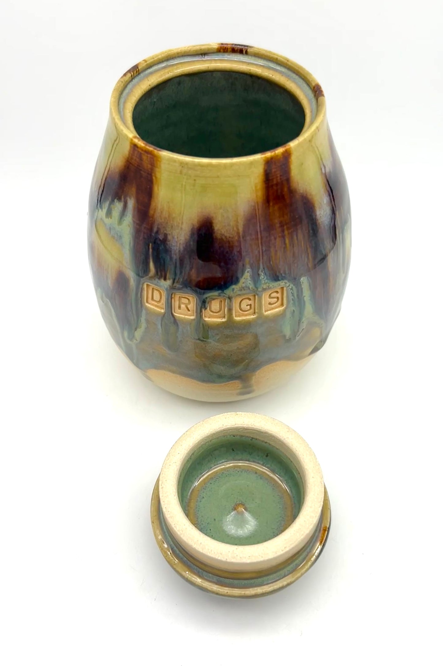 'Drugs' lidded pot in flowing 'aqua falls' glazes