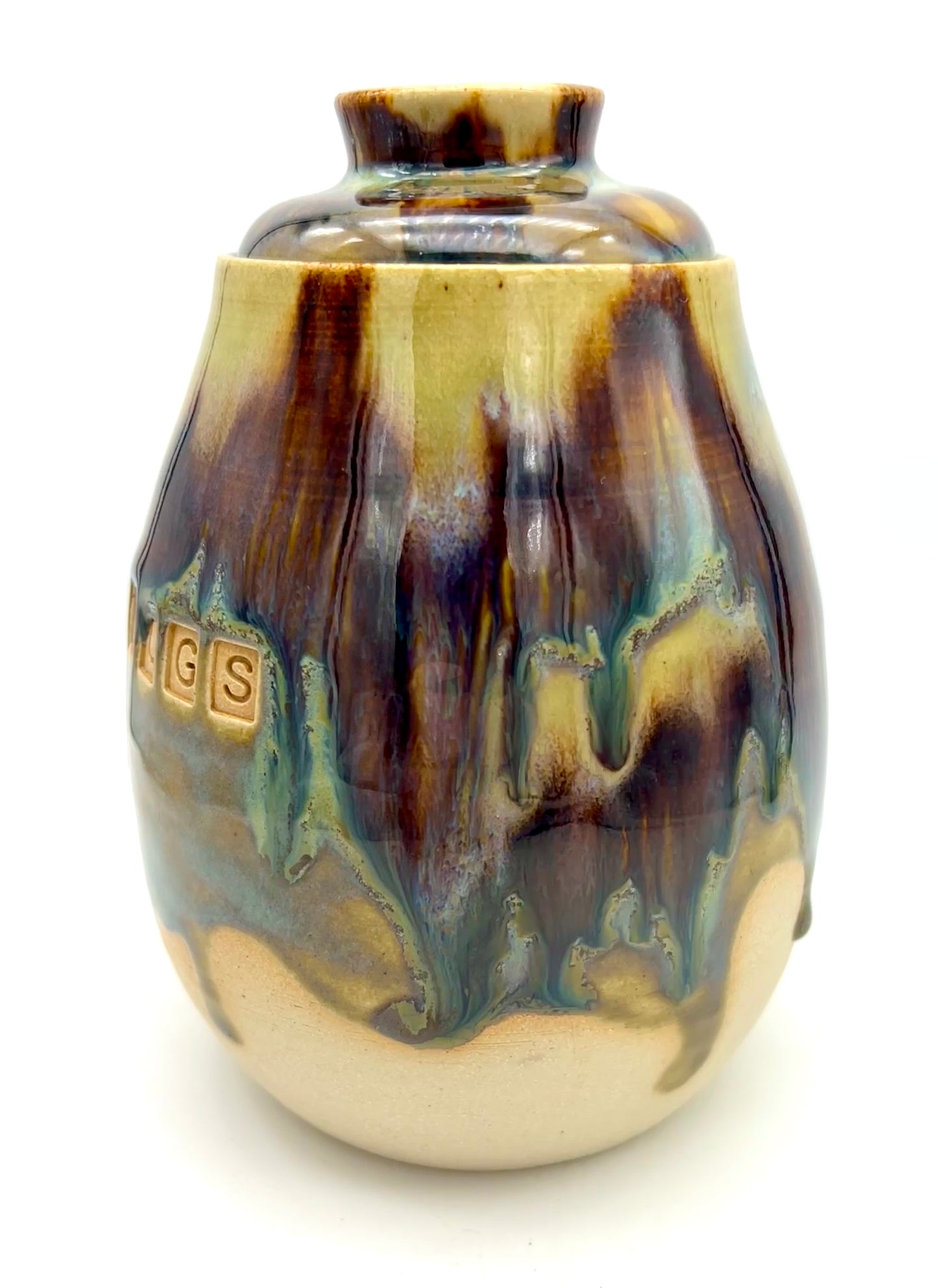 'Drugs' lidded pot in flowing 'aqua falls' glazes