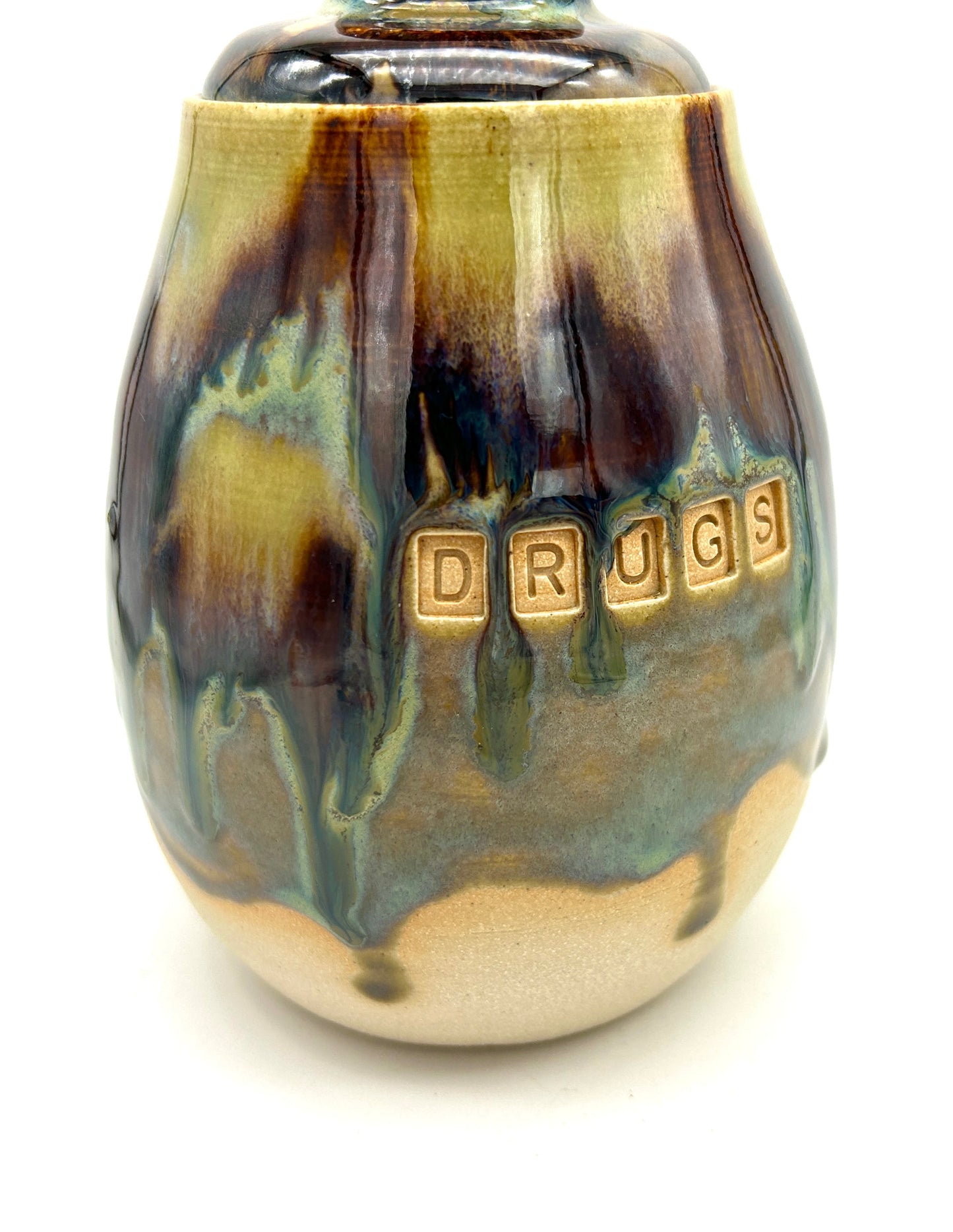 'Drugs' lidded pot in flowing 'aqua falls' glazes