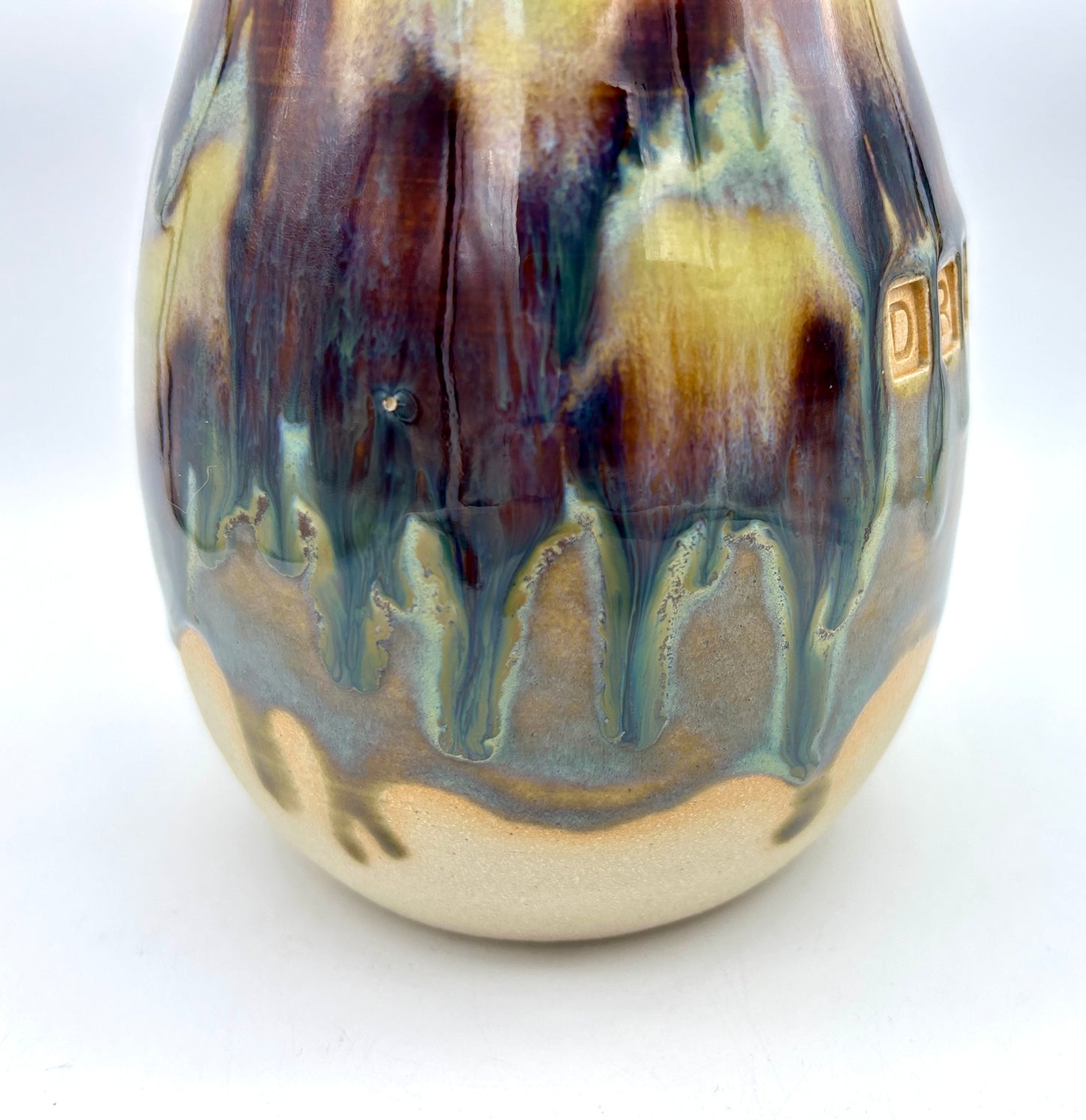 'Drugs' lidded pot in flowing 'aqua falls' glazes