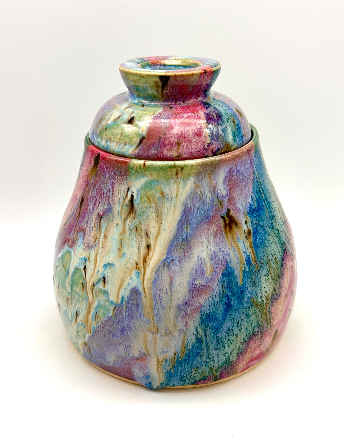 Stunning lidded pot in my 'aurora' glaze combination