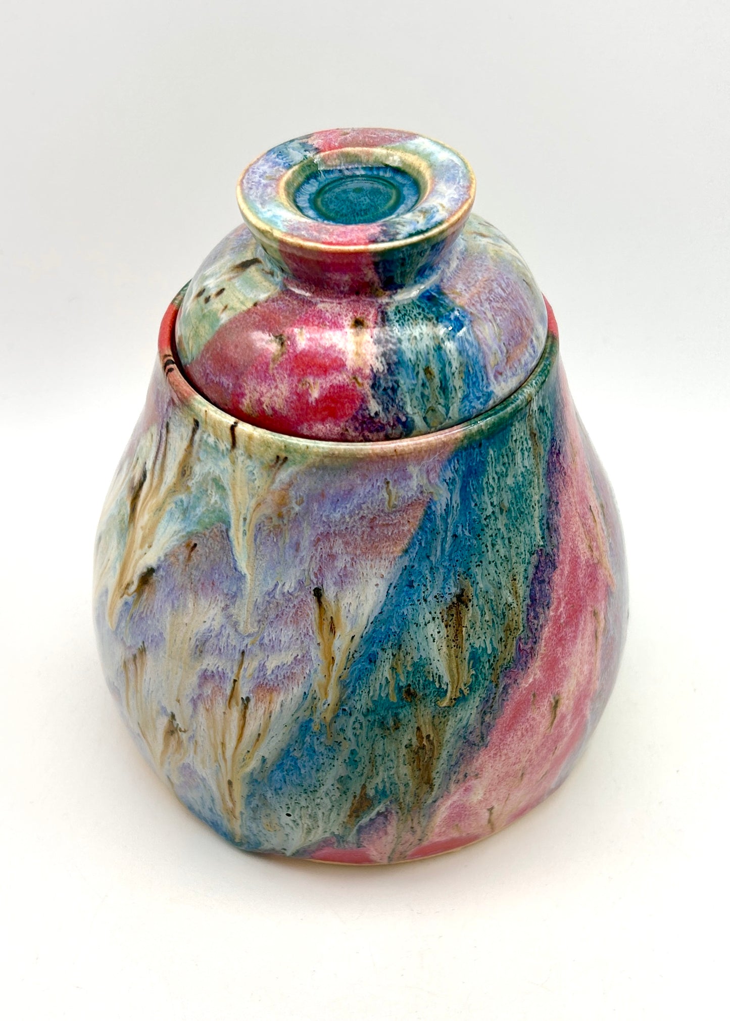 Stunning lidded pot in my 'aurora' glaze combination