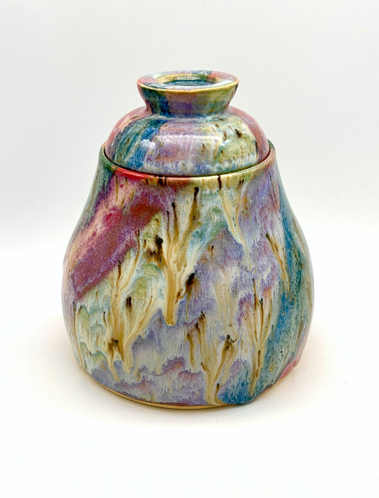 Stunning lidded pot in my 'aurora' glaze combination