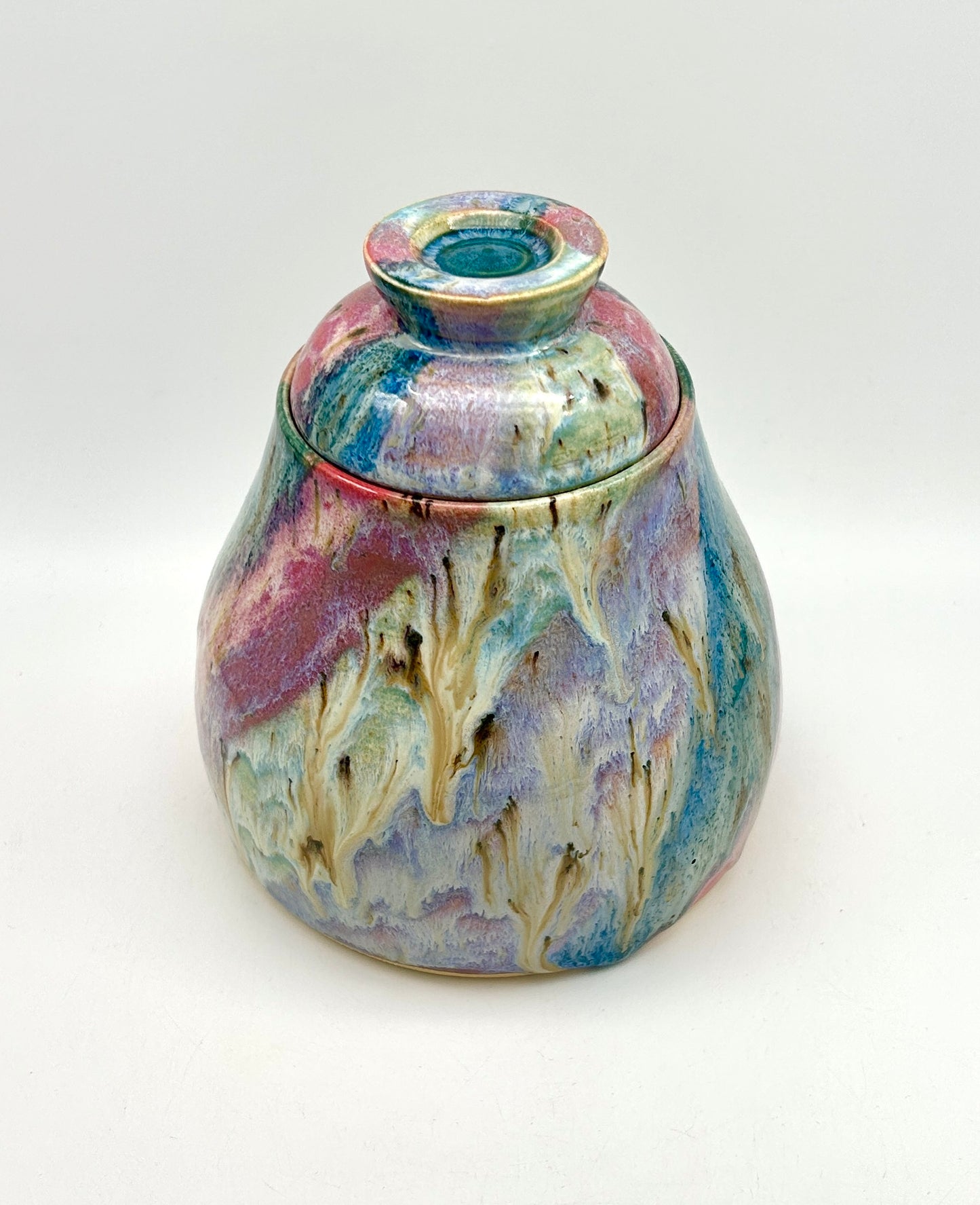 Stunning lidded pot in my 'aurora' glaze combination