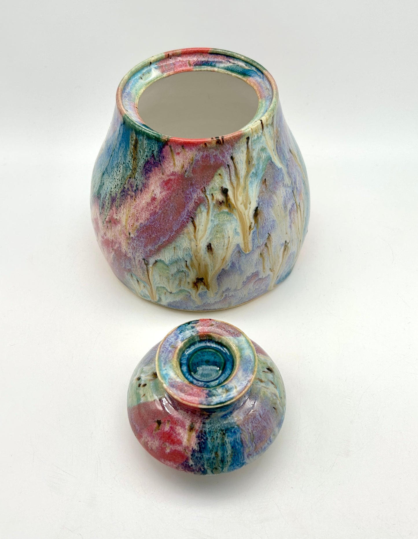 Stunning lidded pot in my 'aurora' glaze combination