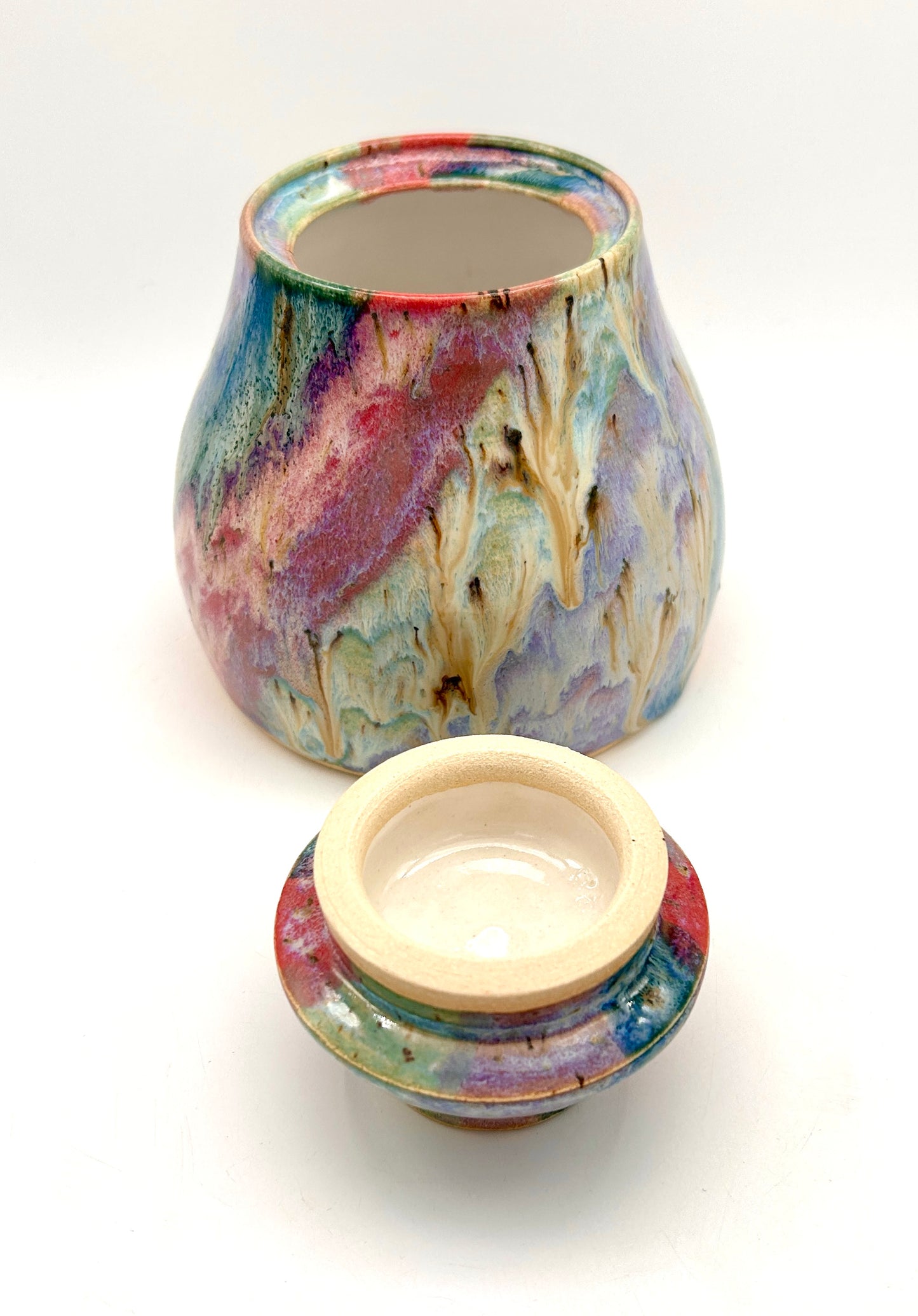 Stunning lidded pot in my 'aurora' glaze combination