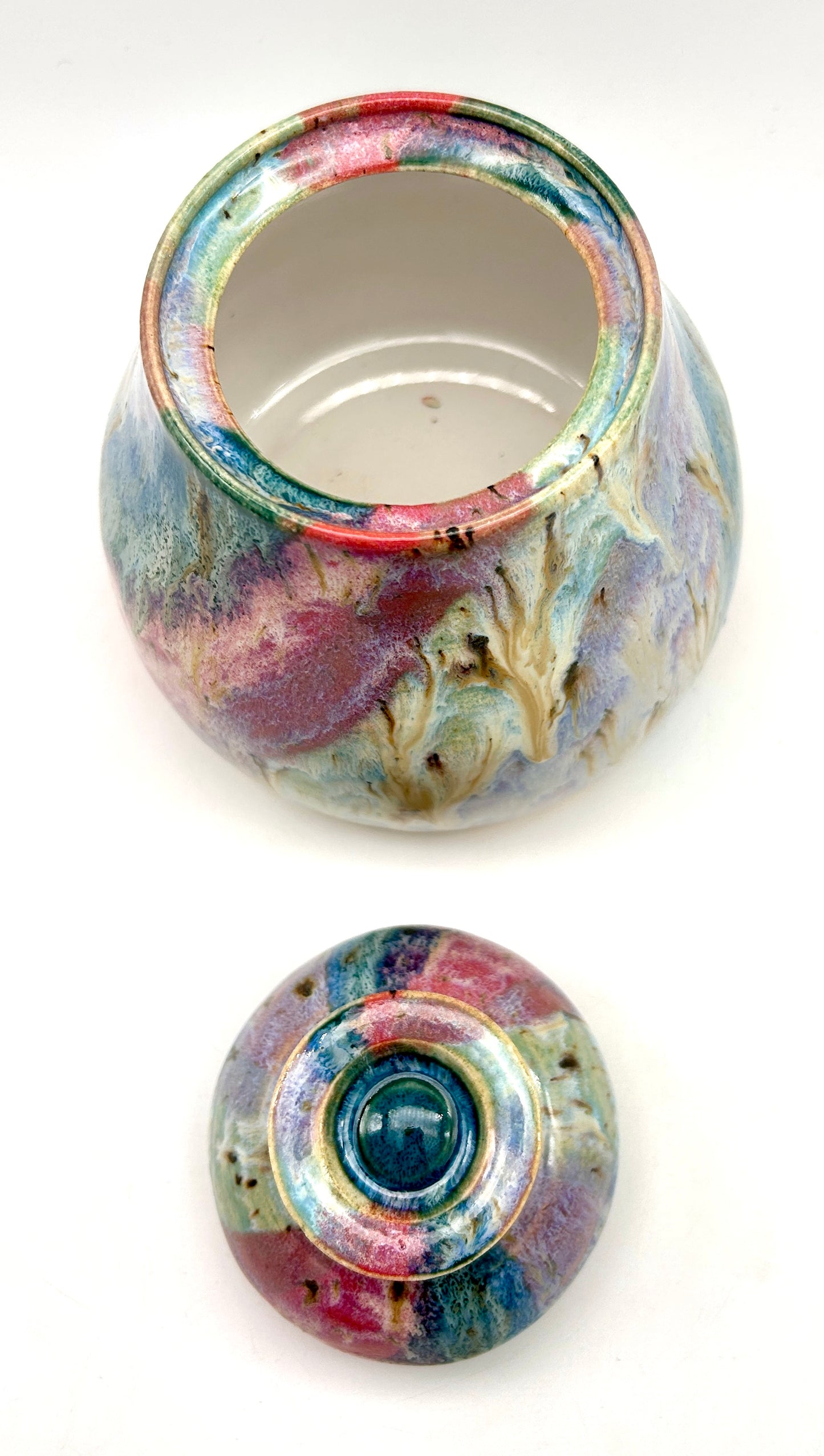 Stunning lidded pot in my 'aurora' glaze combination