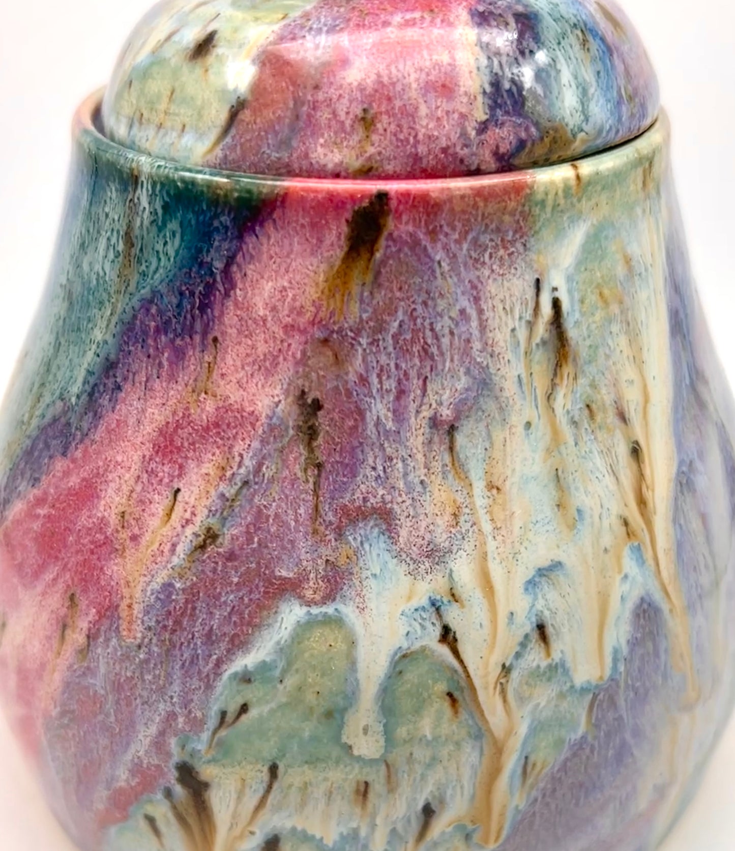 Stunning lidded pot in my 'aurora' glaze combination