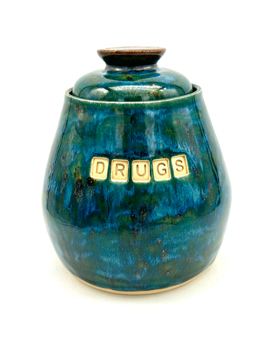 'Drugs' lidded jar in gorgeous glossy jade