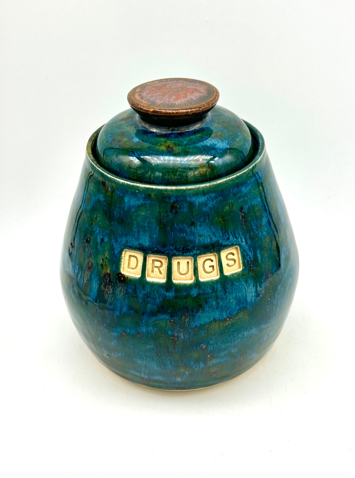 'Drugs' lidded jar in gorgeous glossy jade