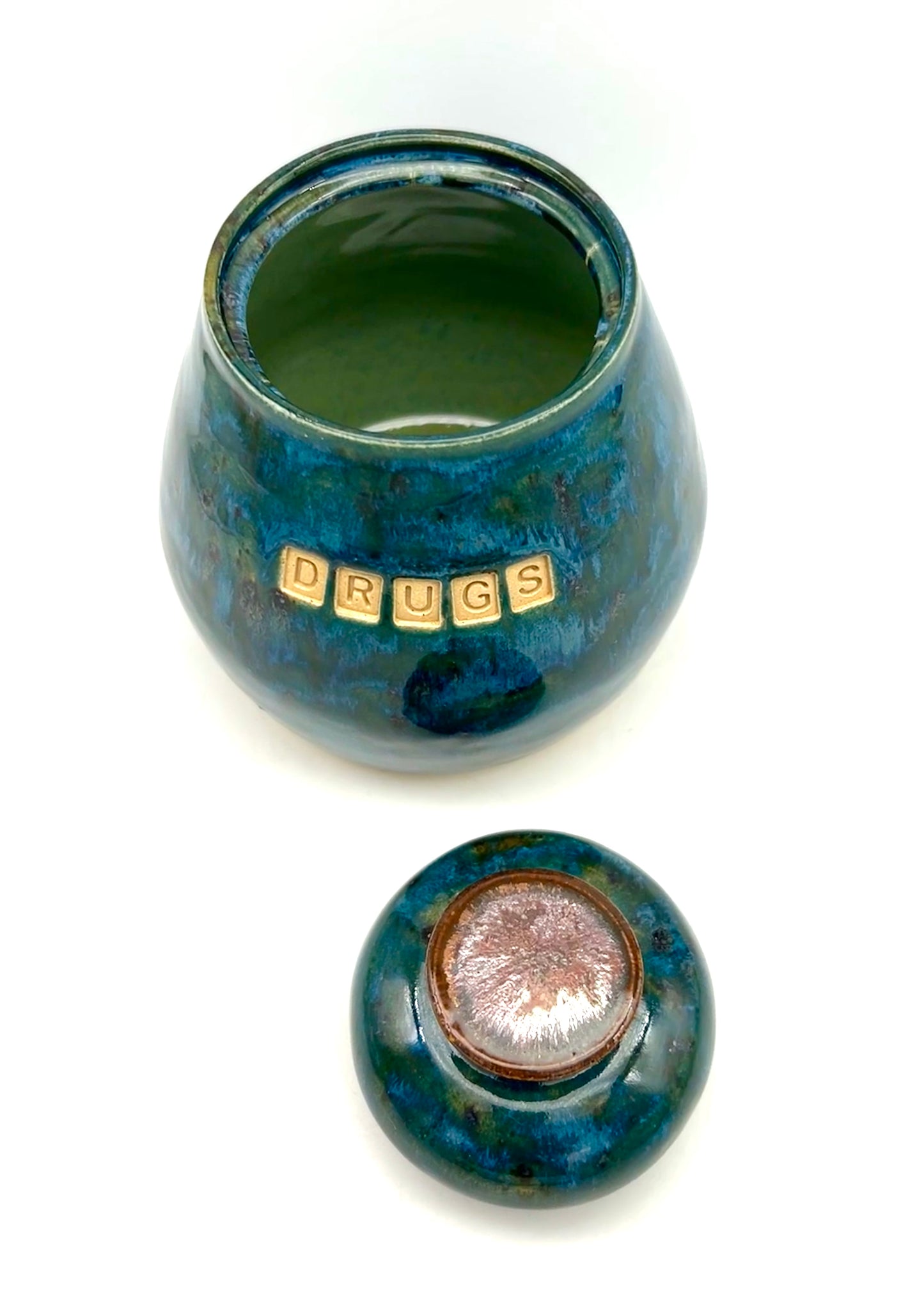 'Drugs' lidded jar in gorgeous glossy jade