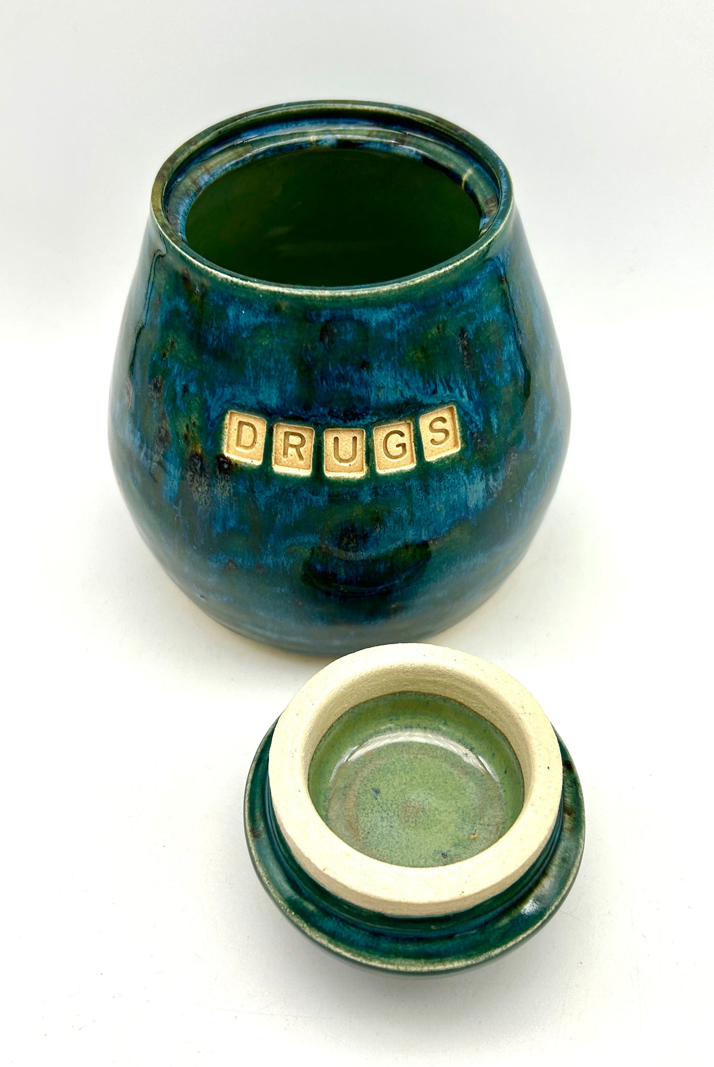 'Drugs' lidded jar in gorgeous glossy jade