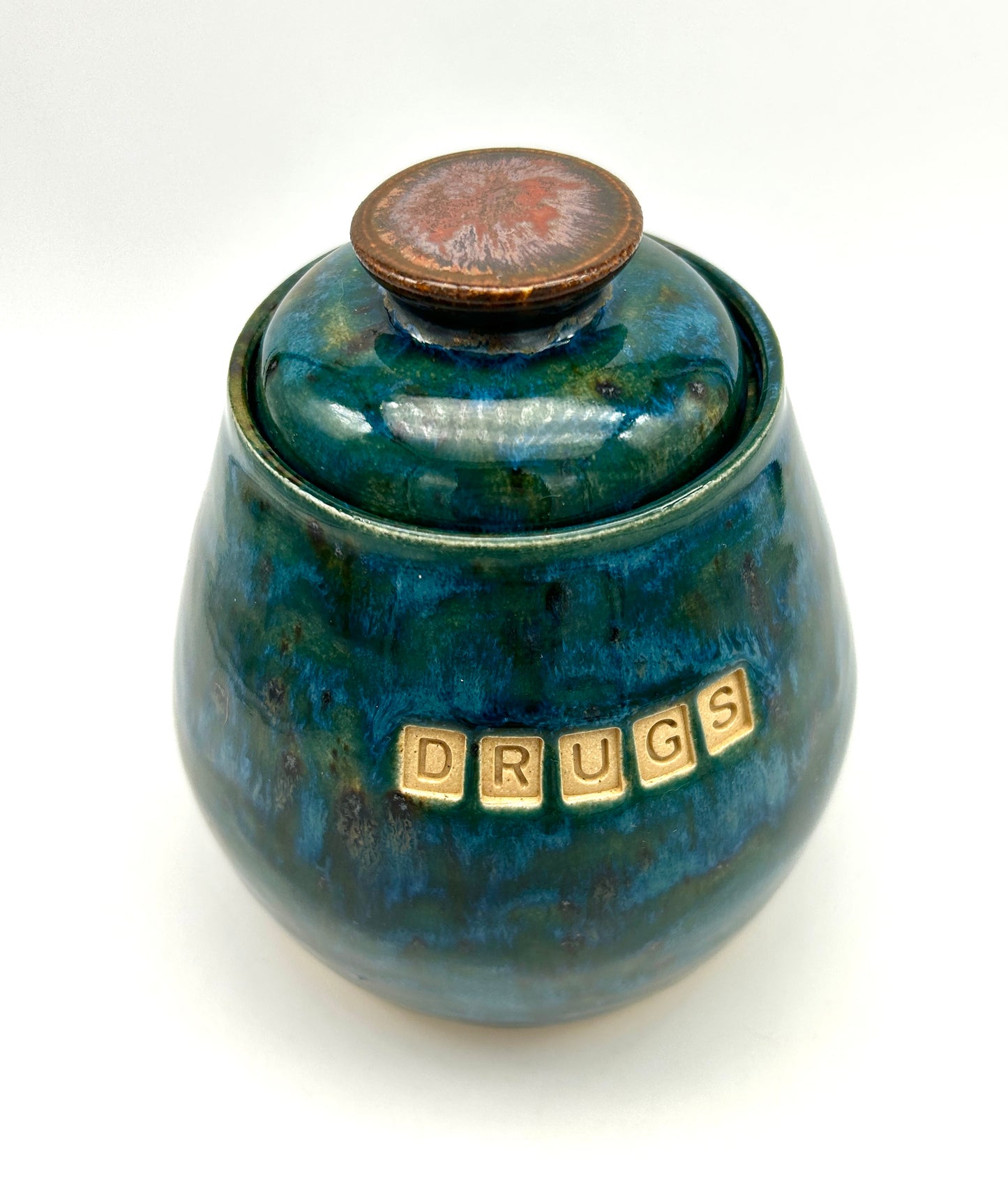 'Drugs' lidded jar in gorgeous glossy jade