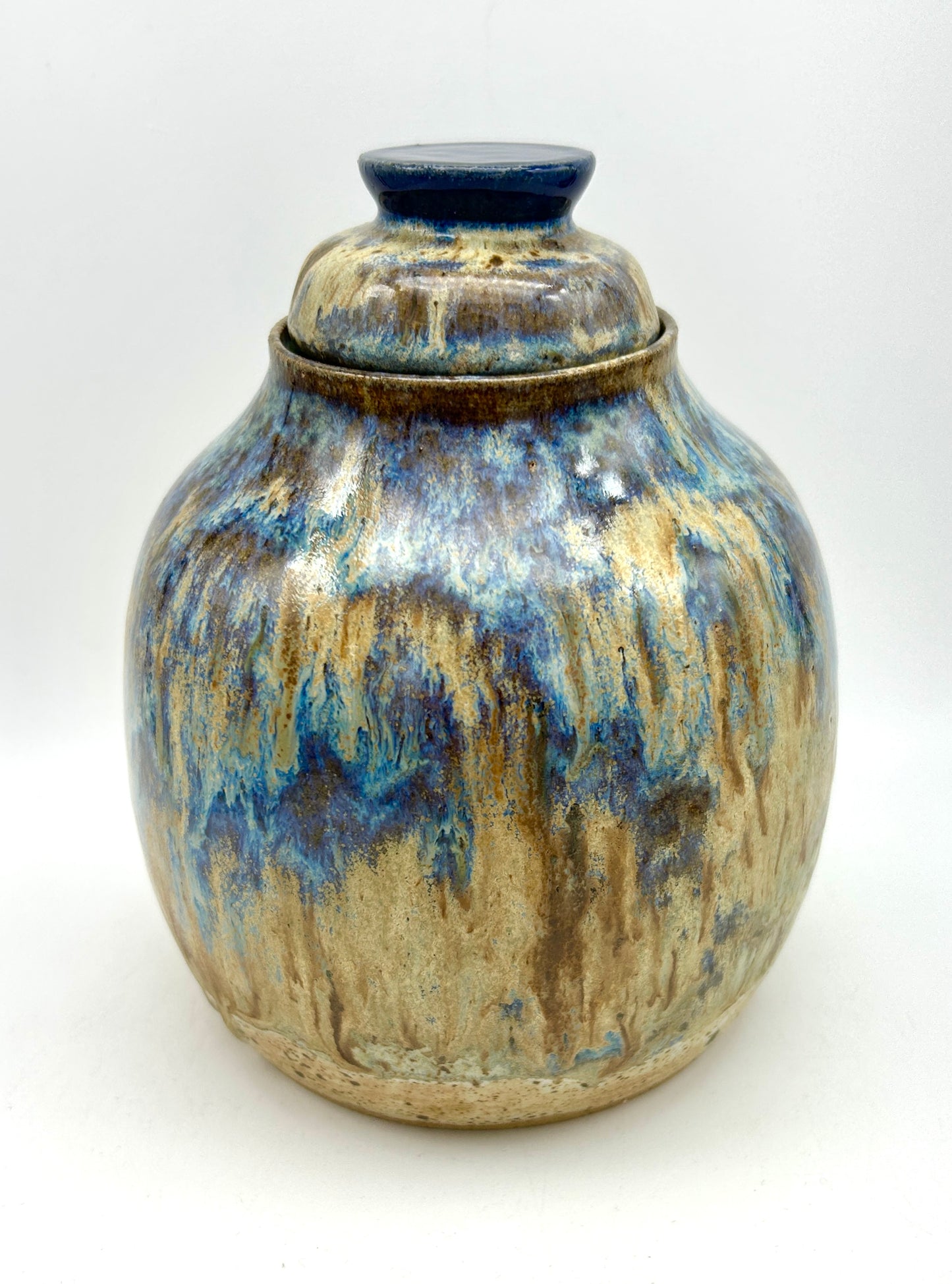 'Assorted drugs' plump lidded jar in toasty clay