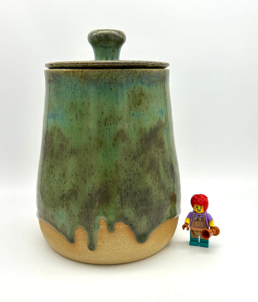 SECOND Tall lidded pot in toasty clay with green glazes