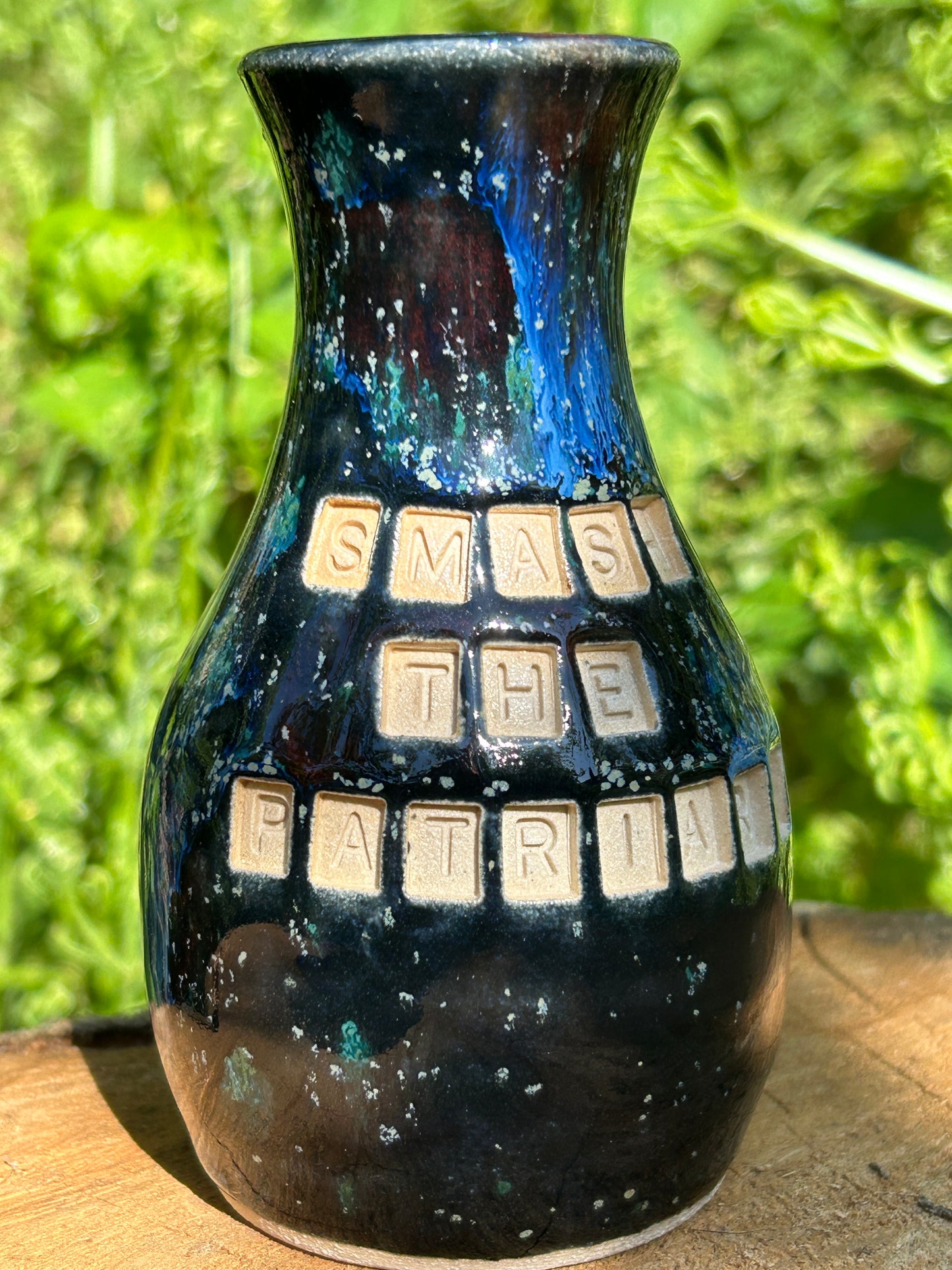 'Smash the patriarchy' stem vase in galaxy glazes