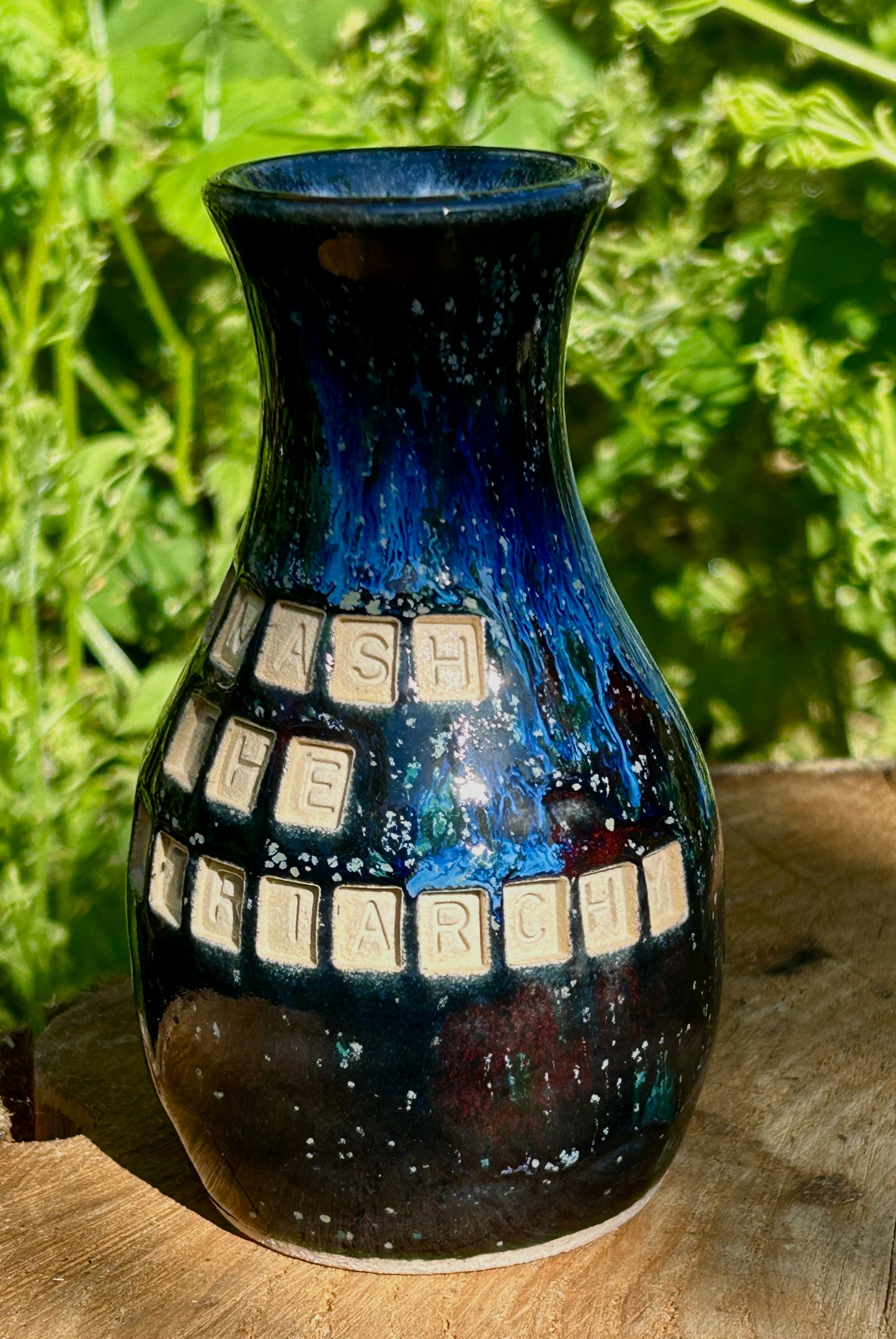 'Smash the patriarchy' stem vase in galaxy glazes