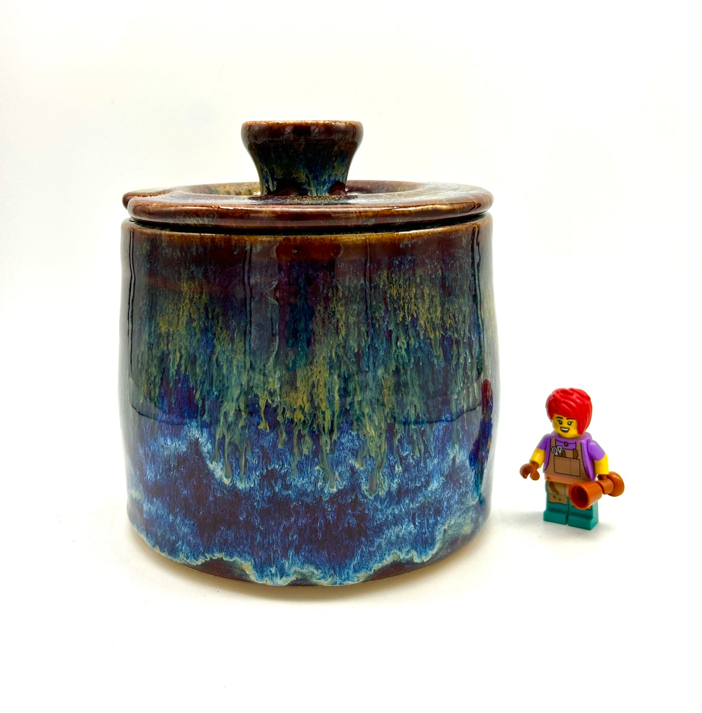 SECOND Sugar jar with spoon notch in dark reds and blues