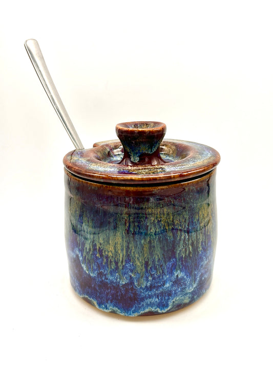 SECOND Sugar jar with spoon notch in dark reds and blues