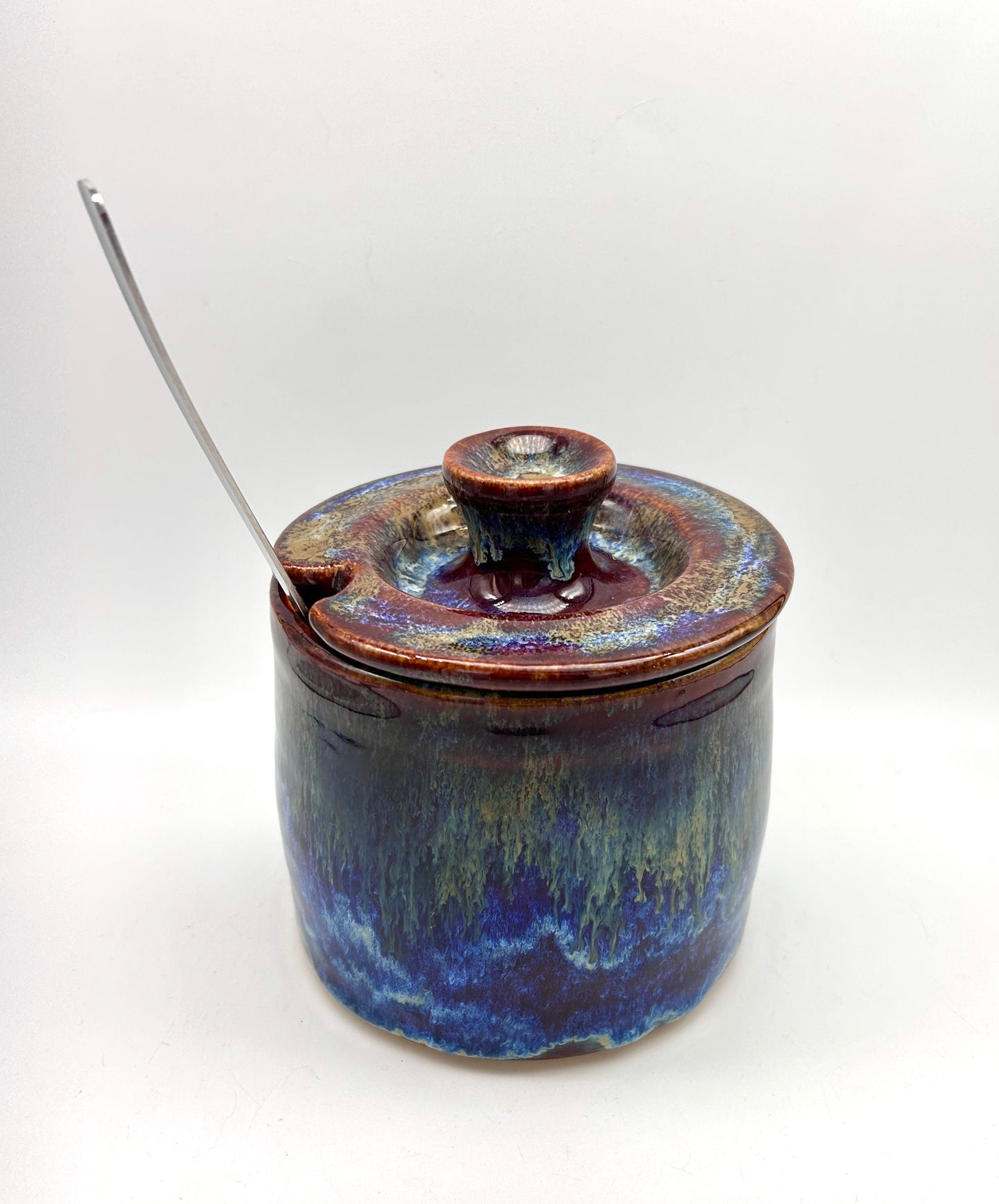 SECOND Sugar jar with spoon notch in dark reds and blues