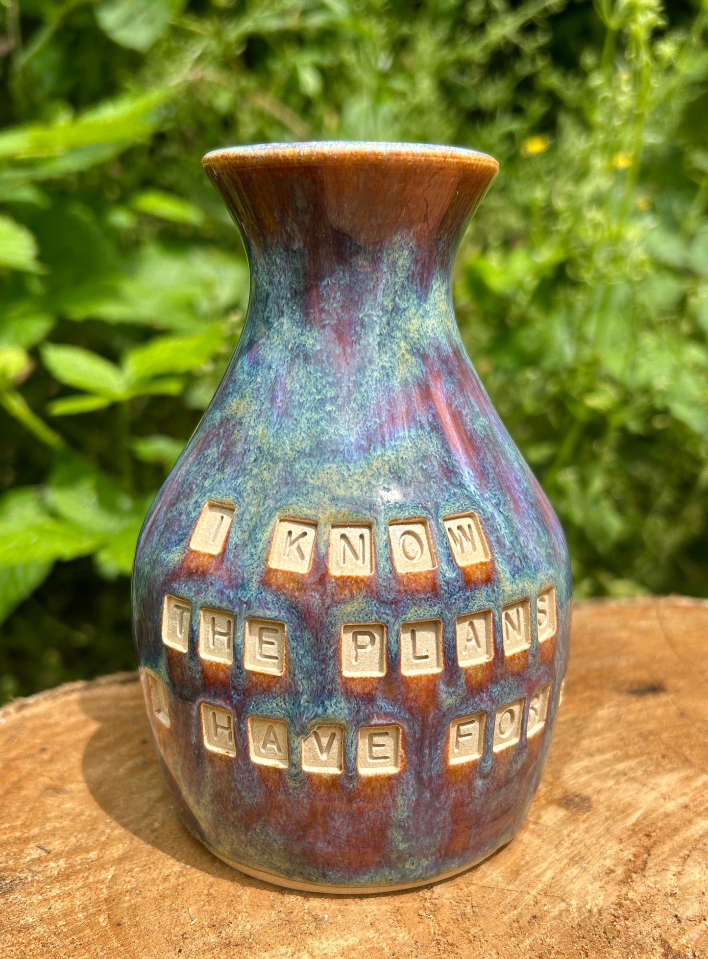 'I know the plans I have for you' Bible verse vase in 'heathery moors' glazes