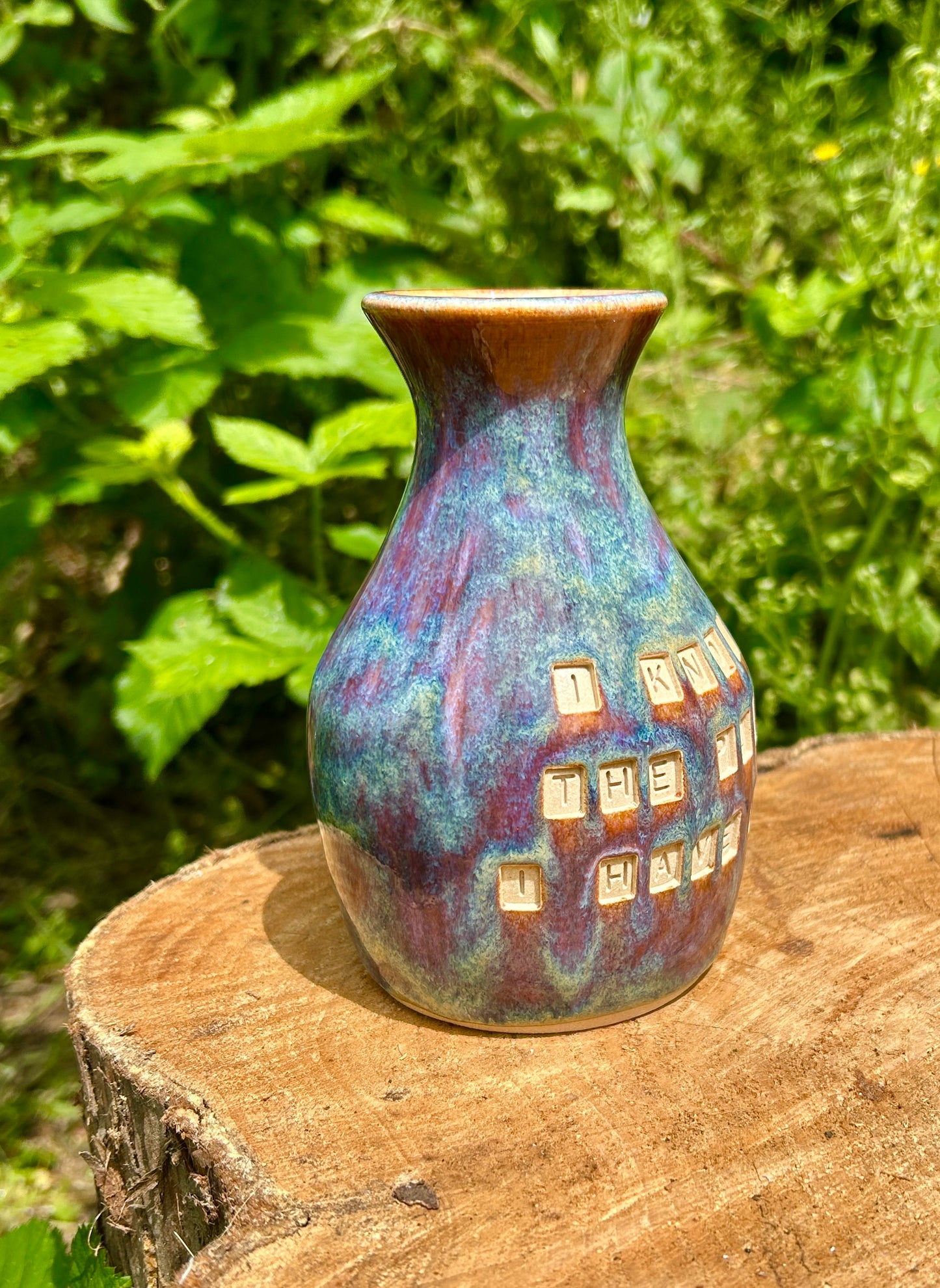 'I know the plans I have for you' Bible verse vase in 'heathery moors' glazes