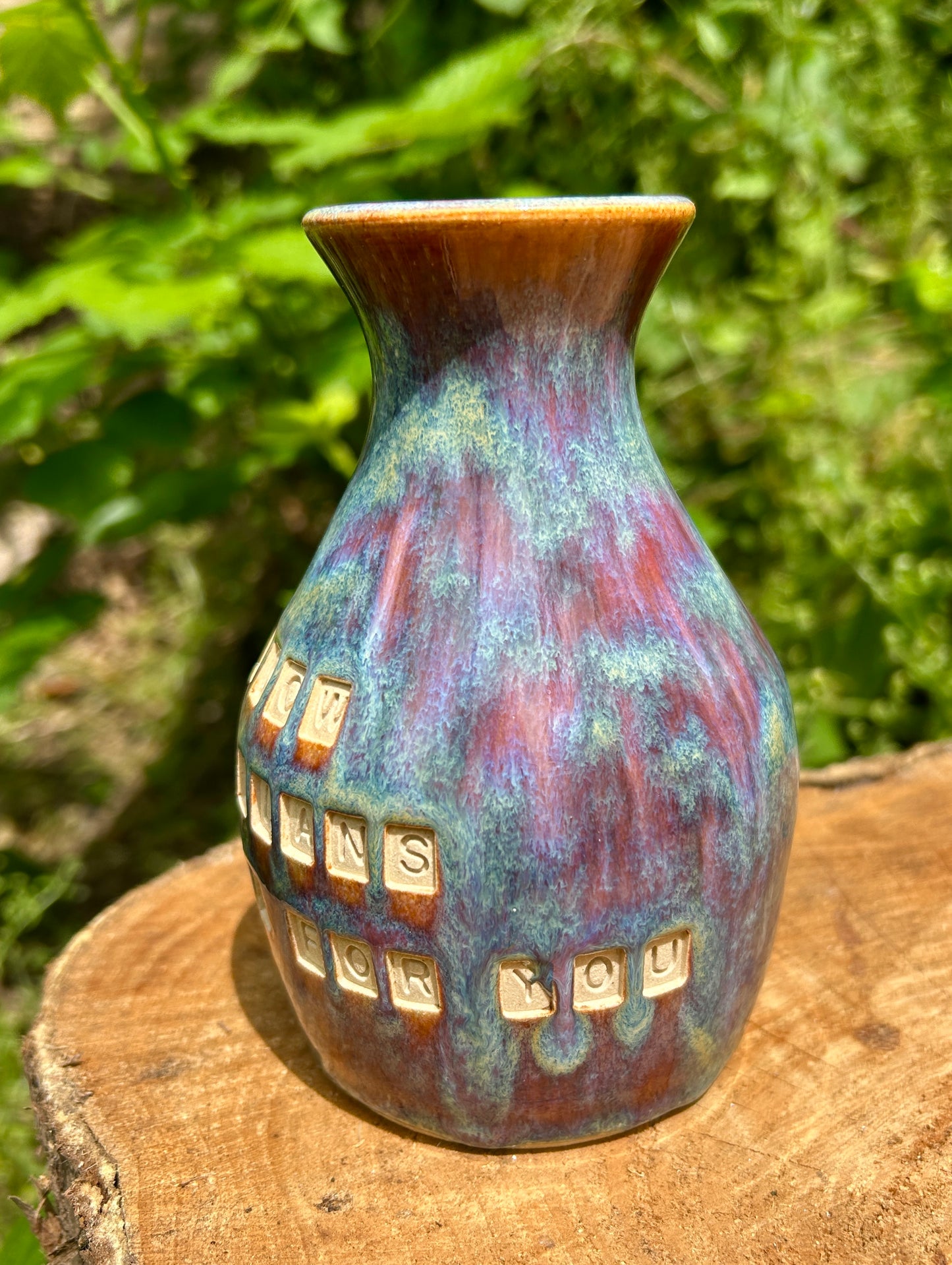 'I know the plans I have for you' Bible verse vase in 'heathery moors' glazes