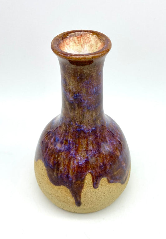 Bud vase in toasty clay with purple glazes