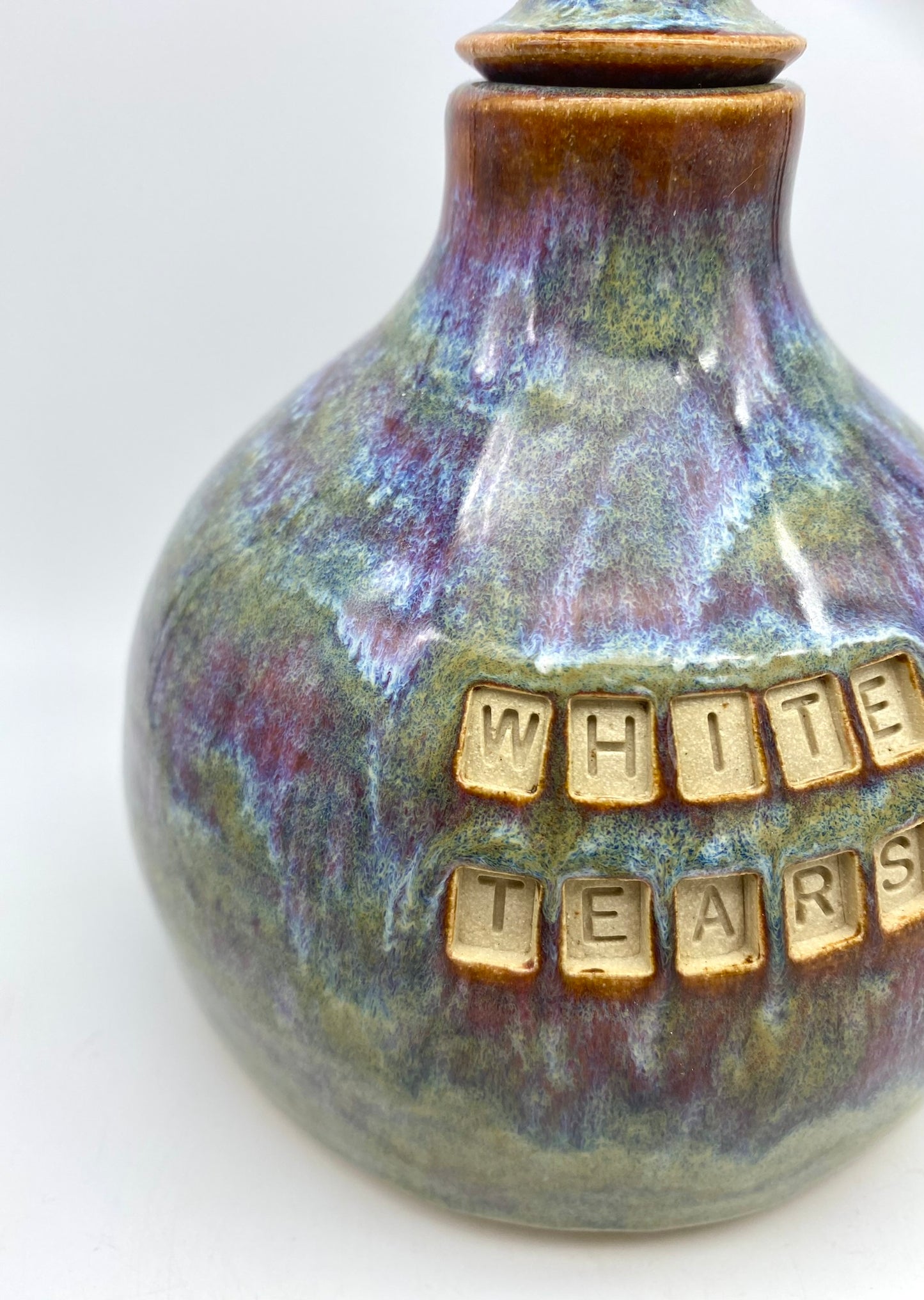 SECOND 'White tears' decanter in 'heathery moors' glazes