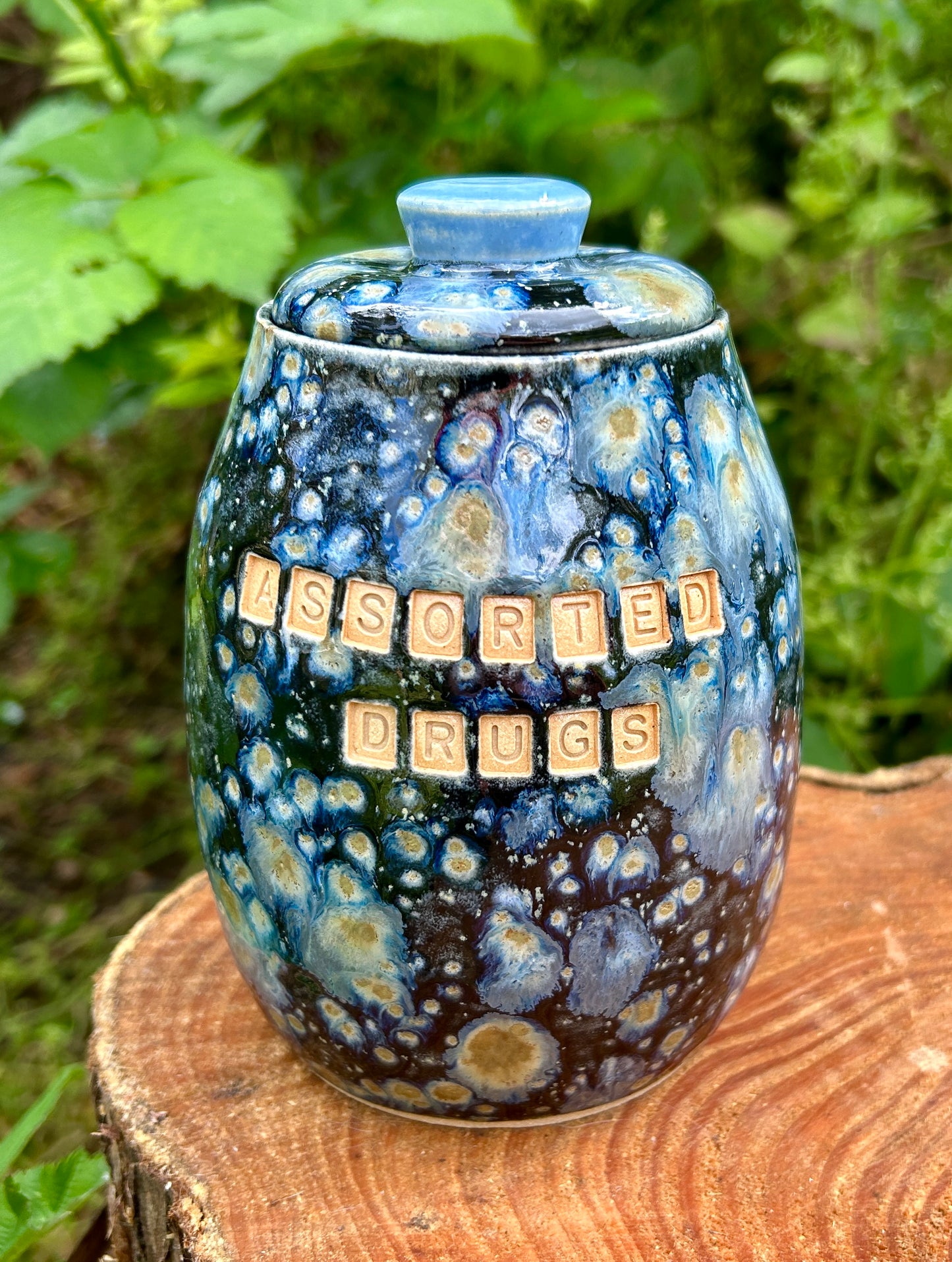 'Assorted drugs' lidded pot in galaxy glazes