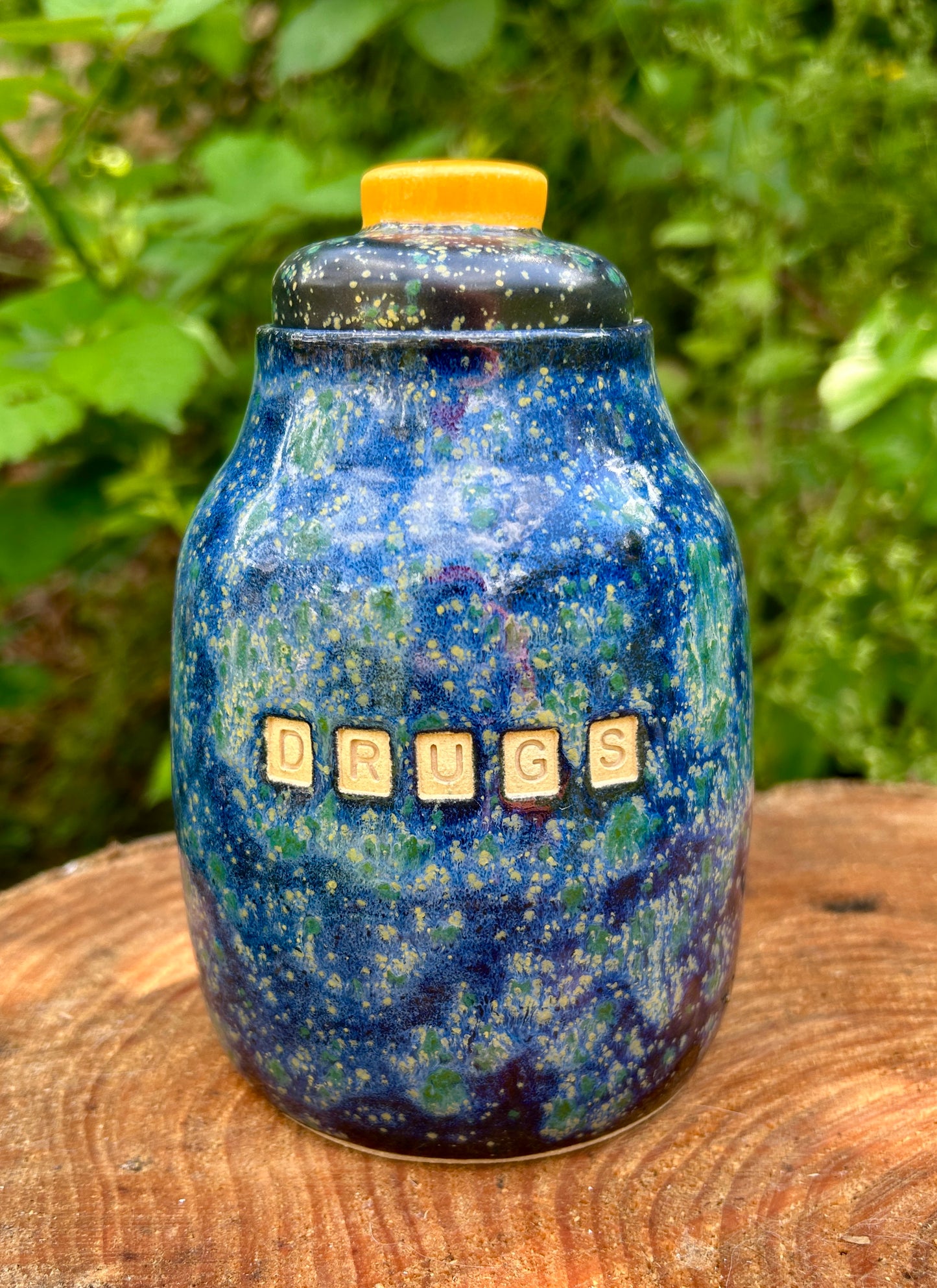 'Drugs' lidded jar in brilliant galaxy glazes