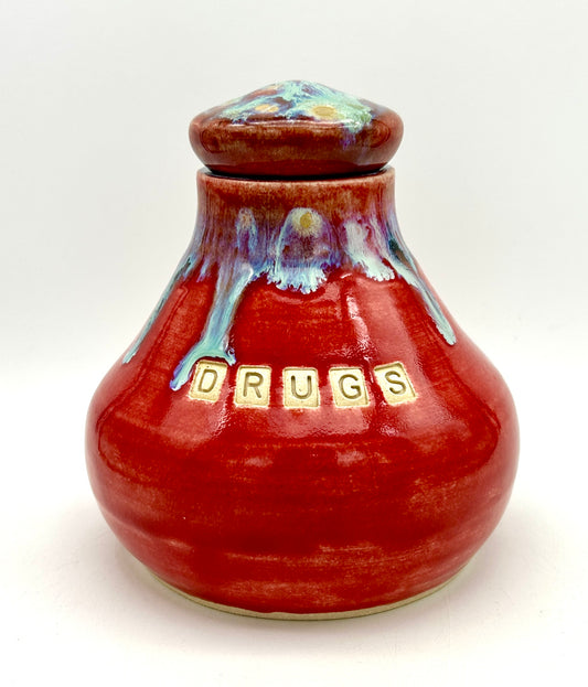 'Drugs' stoppered jar in vibrant colours