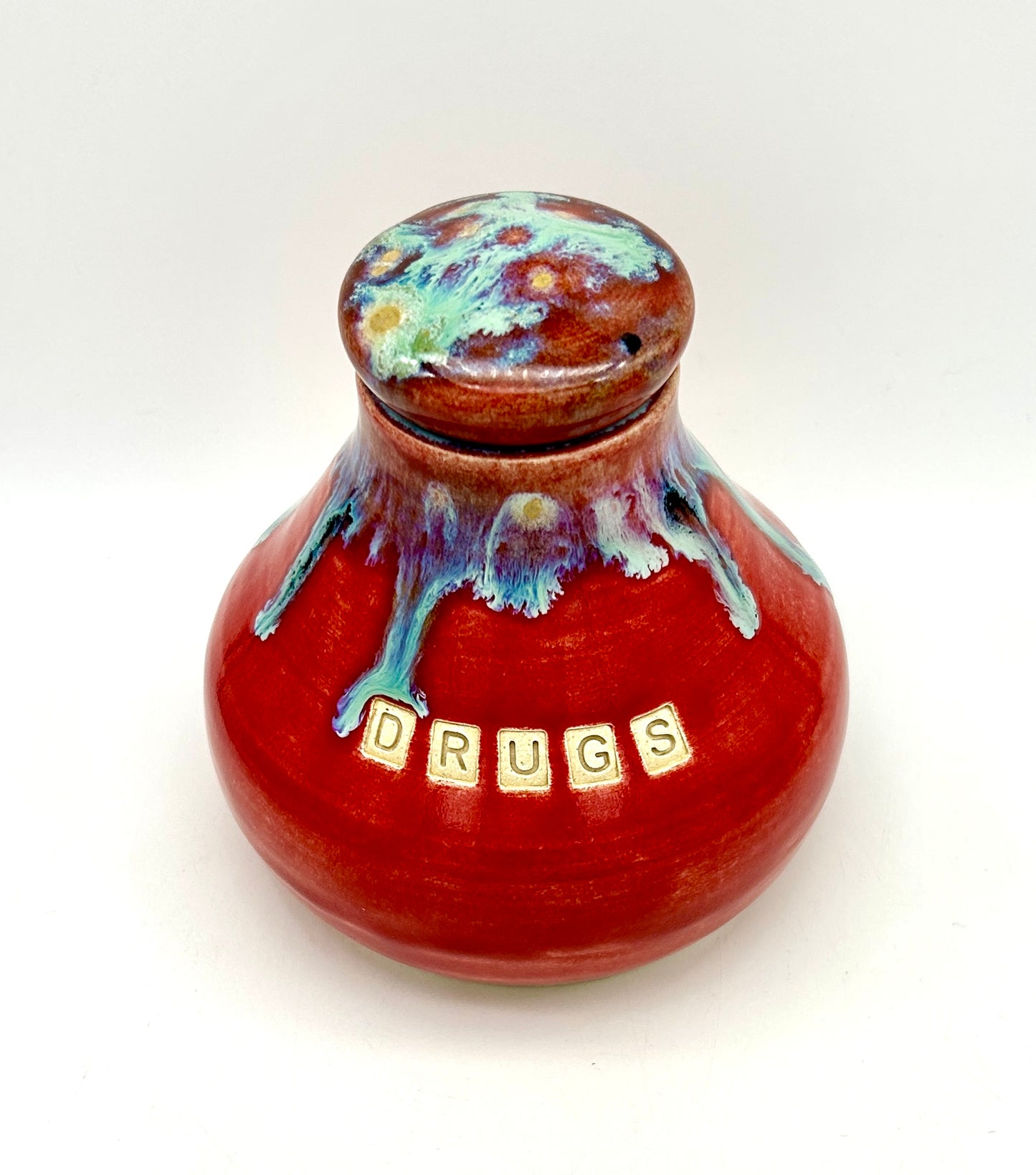 'Drugs' stoppered jar in vibrant colours