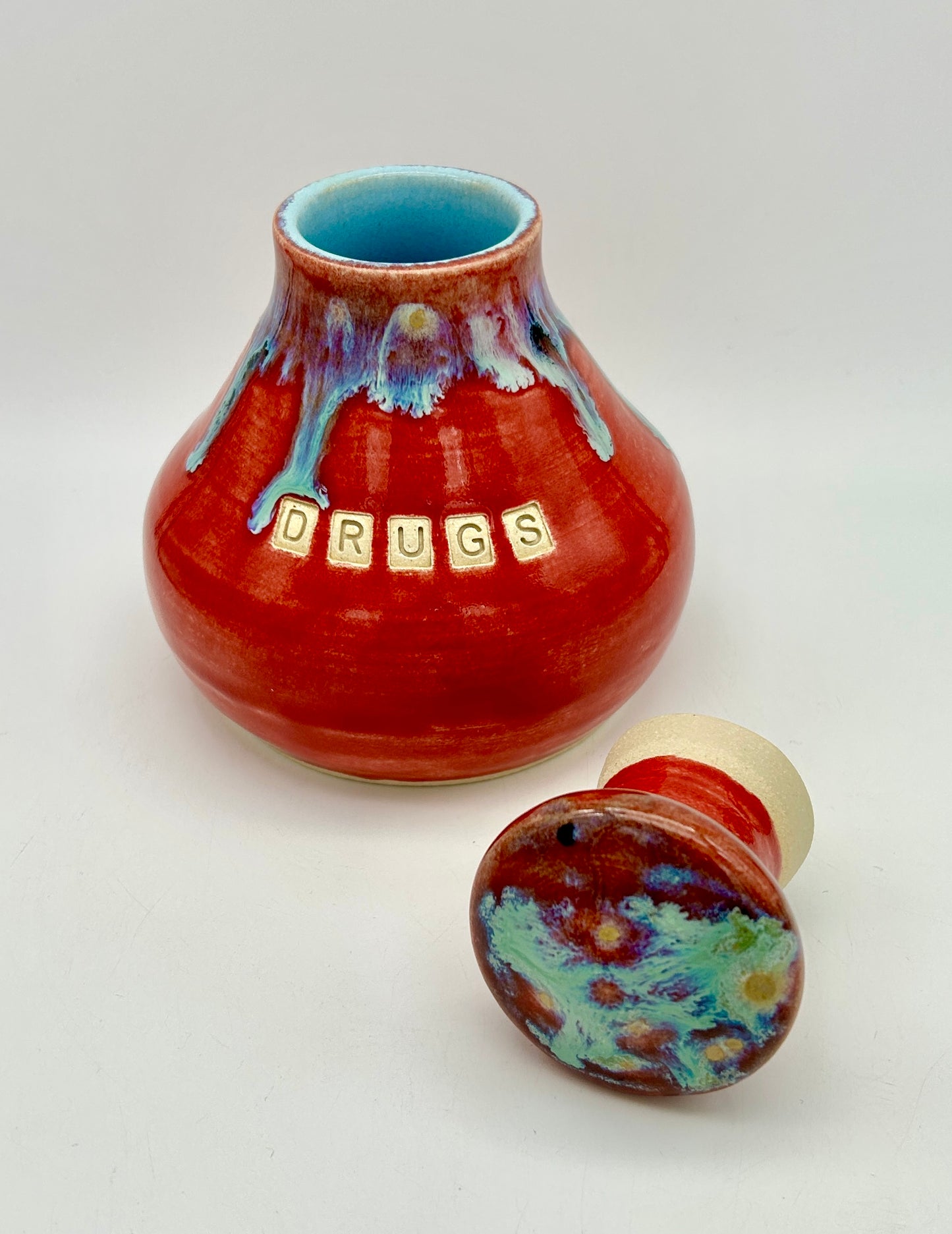 'Drugs' stoppered jar in vibrant colours