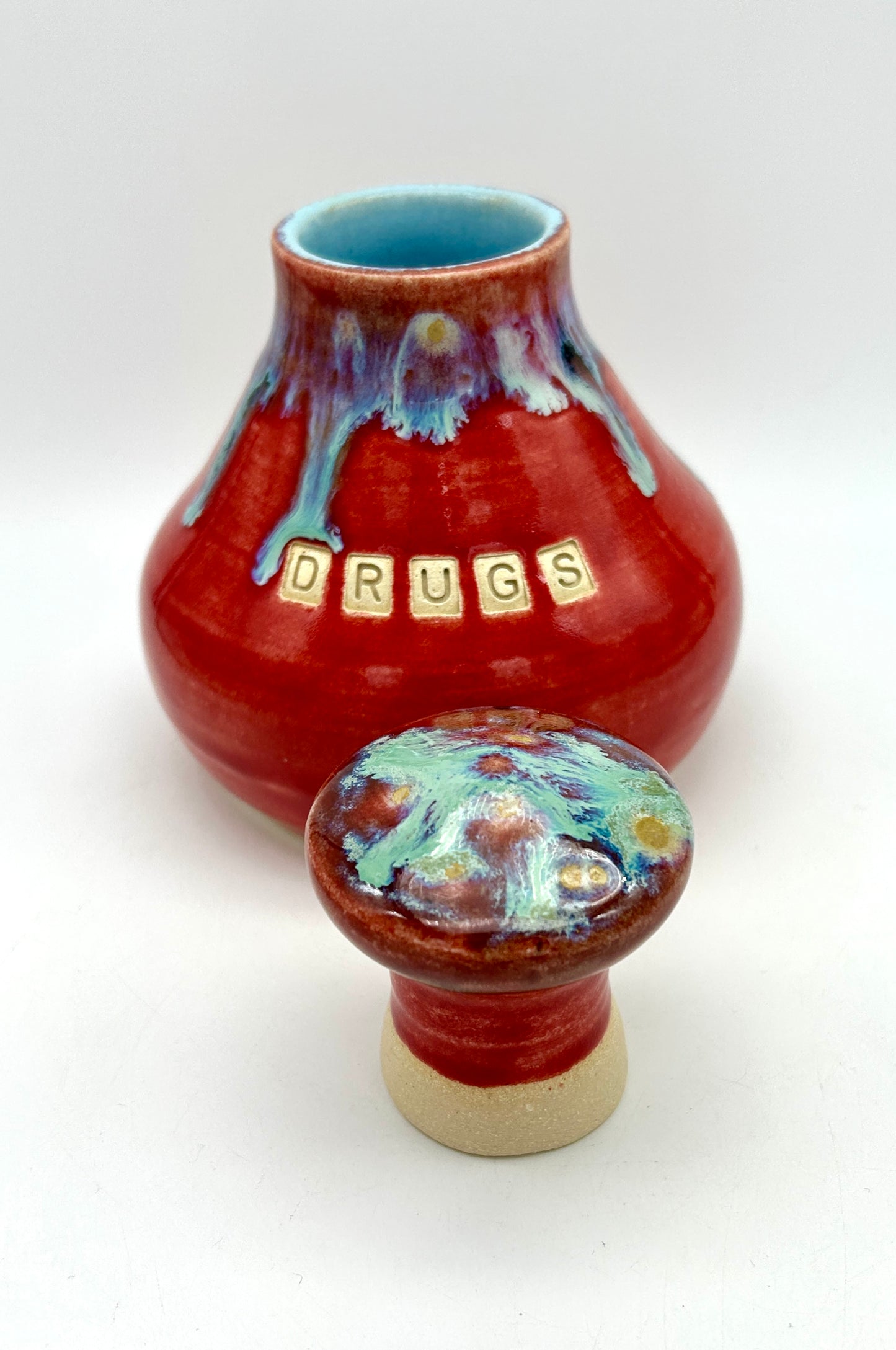 'Drugs' stoppered jar in vibrant colours